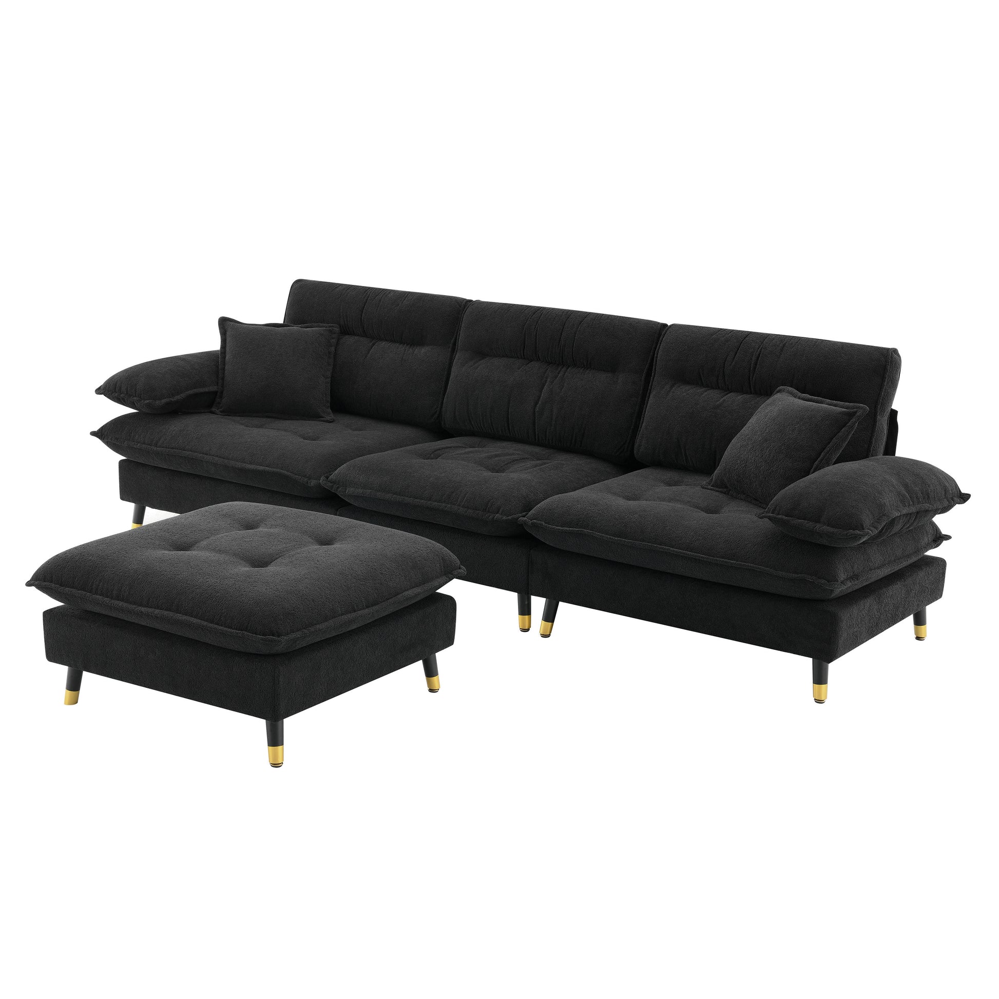 106*66.5" L Shaped Convertible Sectional Sofa,4 Seat Tufted Couch Set With Two Tone Adjust Legs,Cloud Chenille Fabric,Movable Ottoman For Living Room, Apartment,Office,3 Colors Black Chenille 4 Seat