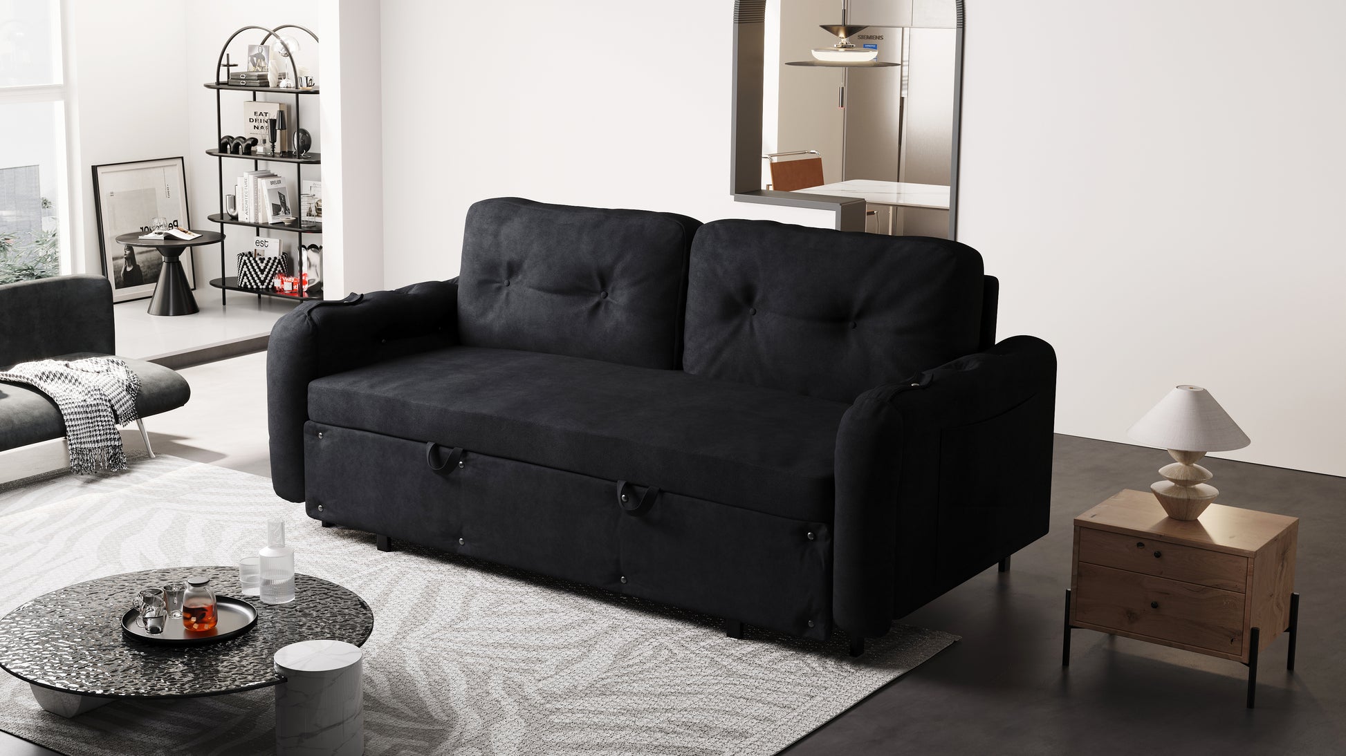 66.2" Queen Pull Out Sofa Bed, Hydraulic System Convertible Sleeper Sofa With Storage And 2 Soft Pillows, Tufted Button Upholstered Couch,Multi Functional Velvet Loveseat Bed,Black Black Velvet 2 Seat