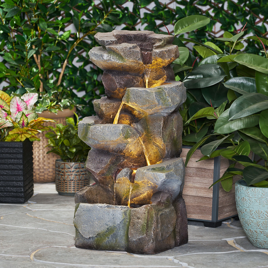 Apache 4 Tier Fountain, Candler Outdoor Fountain, Stone Gray, No Assembly Required Stone Gray Polyresin