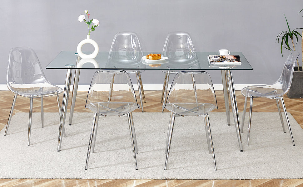 Table And Chair Set.Modern Rectangular Glass Dining Table With Tempered Glass Countertop And Silver Metal Legs, Paired With Multiple Transparent High Quality Pet Dining Chairs With Silver Legs. Silver Seats 6 Tempered Glass