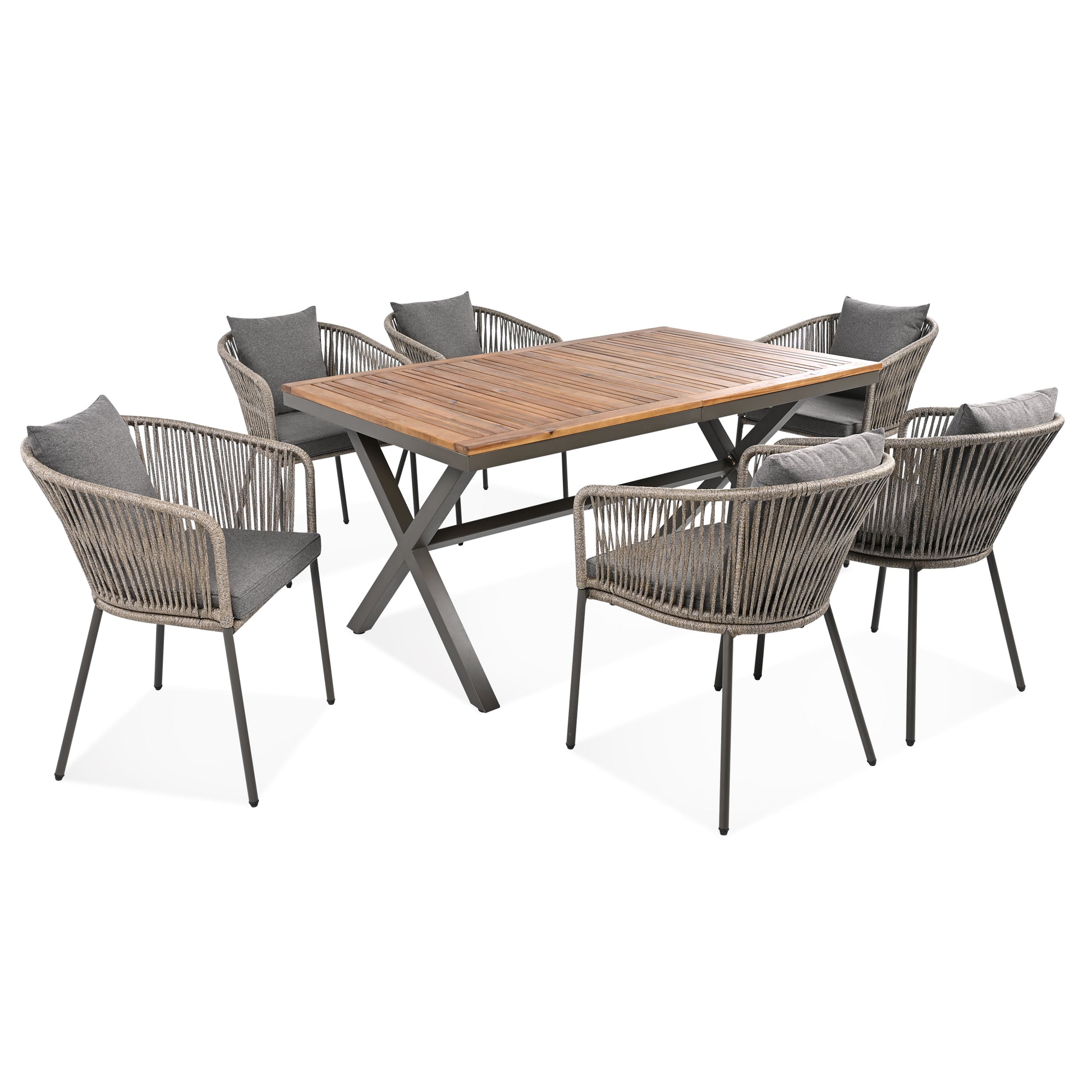 7 Pieces Patio Dining Set, All Weather Outdoor Furniture Set With Dining Table And Chairs, Acacia Wood Tabletop, Metal Frame, For For Garden, Backyard, Balcony, Grey Yes Grey Seats 6 Garden &