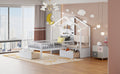Twin Size House Bed With Upholstered Sofa, House Bed With Charging Station, Wireless Charging, Shelves And Two Drawers, White Twin White Solid Wood Mdf