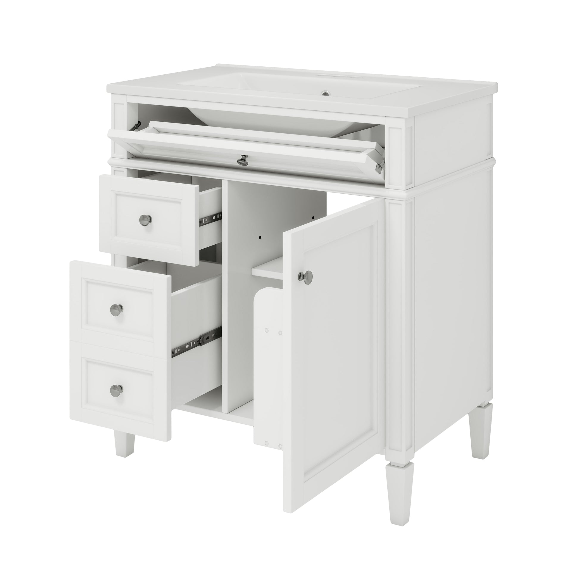 30'' Bathroom Vanity With Top Sink, Modern Bathroom Storage Cabinet With 2 Drawers And A Tip Out Drawer, Freestanding Vanity Set With Mirror Cabinet, Single Sink Bathroom Vanity White Bathroom Solid