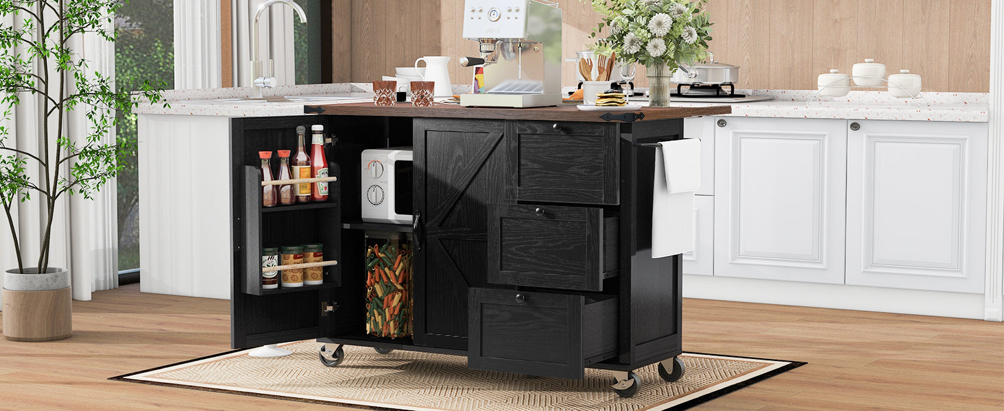 K&K 54.5" Farmhouse Kitchen Island With Power Outlet, Kitchen Storage Island With Internal Storage Rack, Drop Leaf, Spice Rack, Rolling Kitchen Cart On Wheels, For Home, Kitchen And Dining