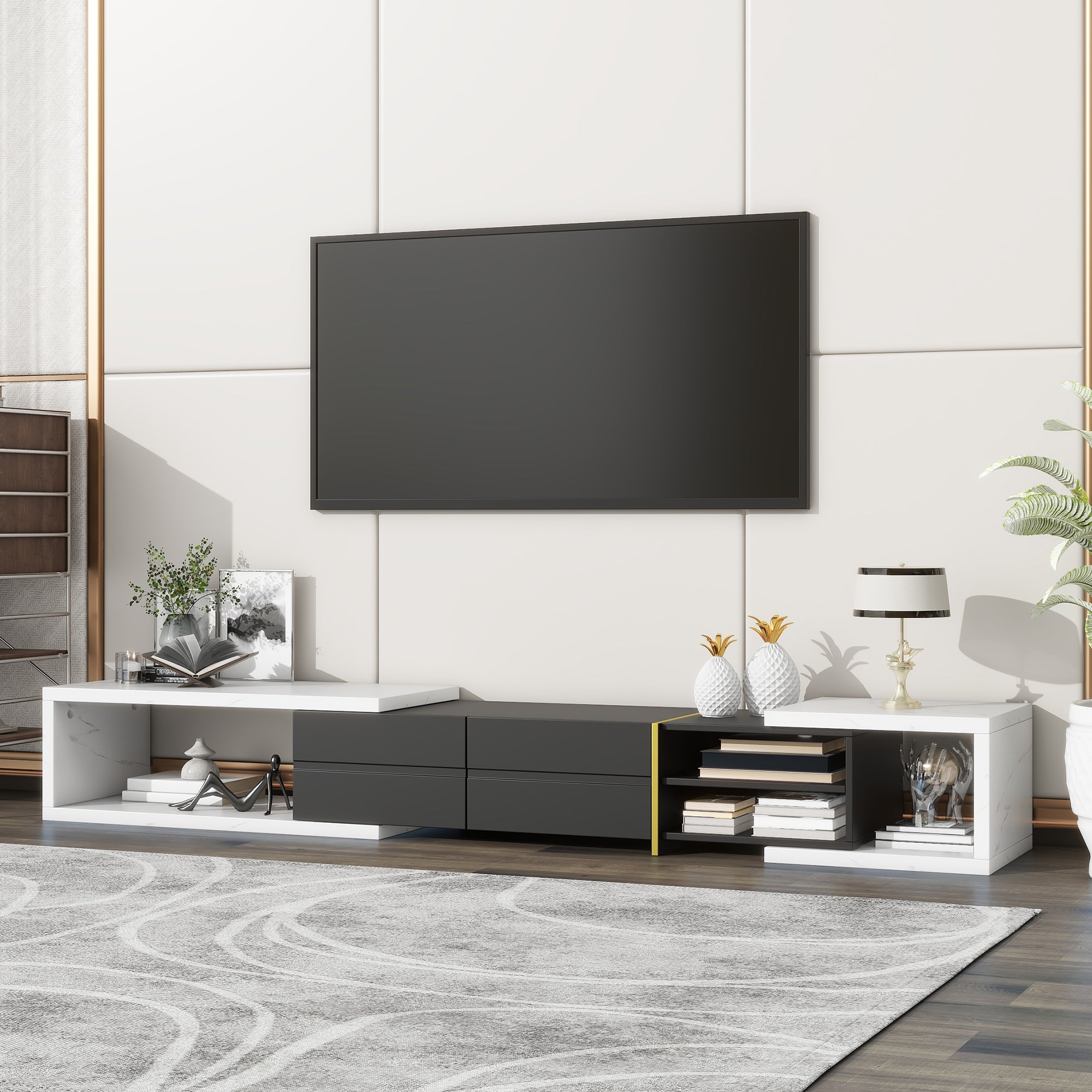 51'' 98.4'' Modern Extendable Tv Stand For Tvs Up To 90 Inches, Entertainment Center Media Console Corner Console With 2 Drawers And 4 Shelves For Living Room, White & Black White Black 80 89 Inches Mdf