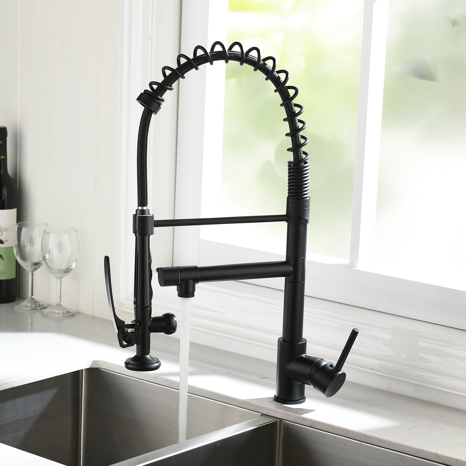 Commercial Kitchen Faucet Pull Down Sprayer Black And Nickel,Single Handle Kitchen Sink Faucet Black Kitchen Contemporary Ceramic Brass