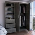 Kenya Armoire With Double Door, Three Drawers, 3 Tier Shelf And Double Hanging Rod Smokey Oak Smoke Grey Bedroom Modern Particle Board