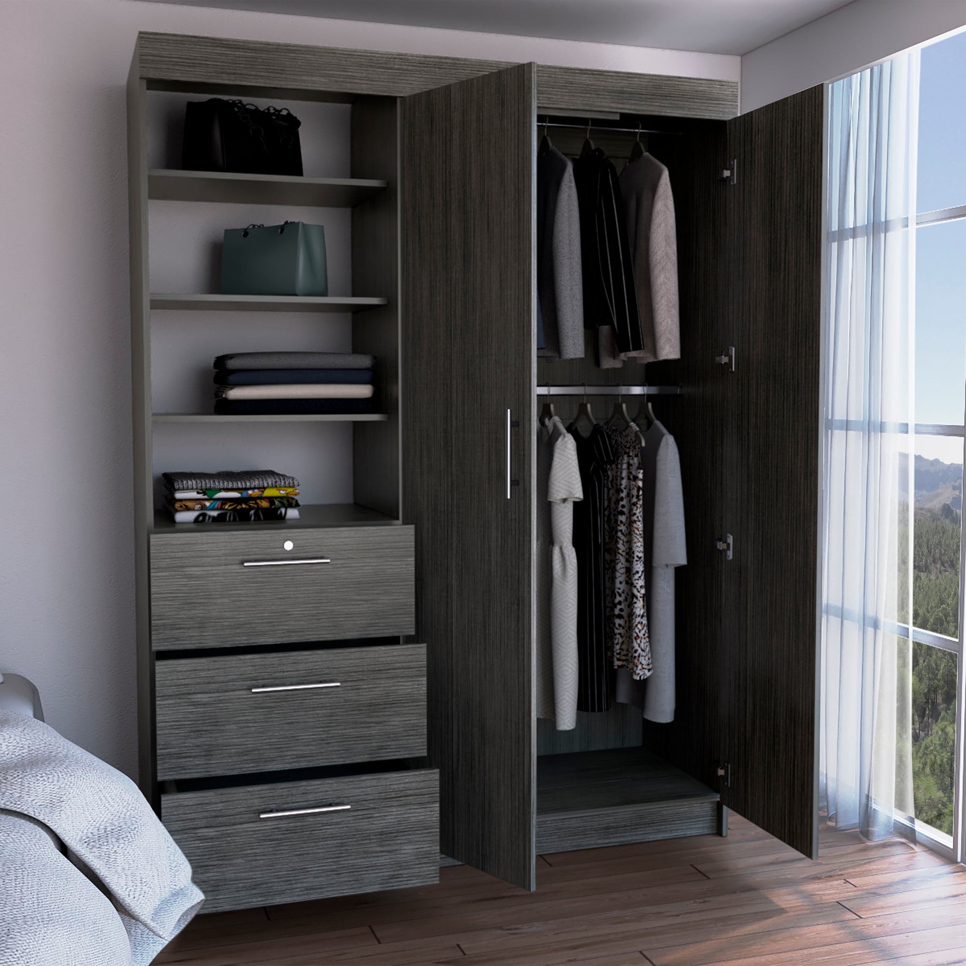 Kenya Armoire With Double Door, Three Drawers, 3 Tier Shelf And Double Hanging Rod Smokey Oak Smoke Grey Bedroom Modern Particle Board