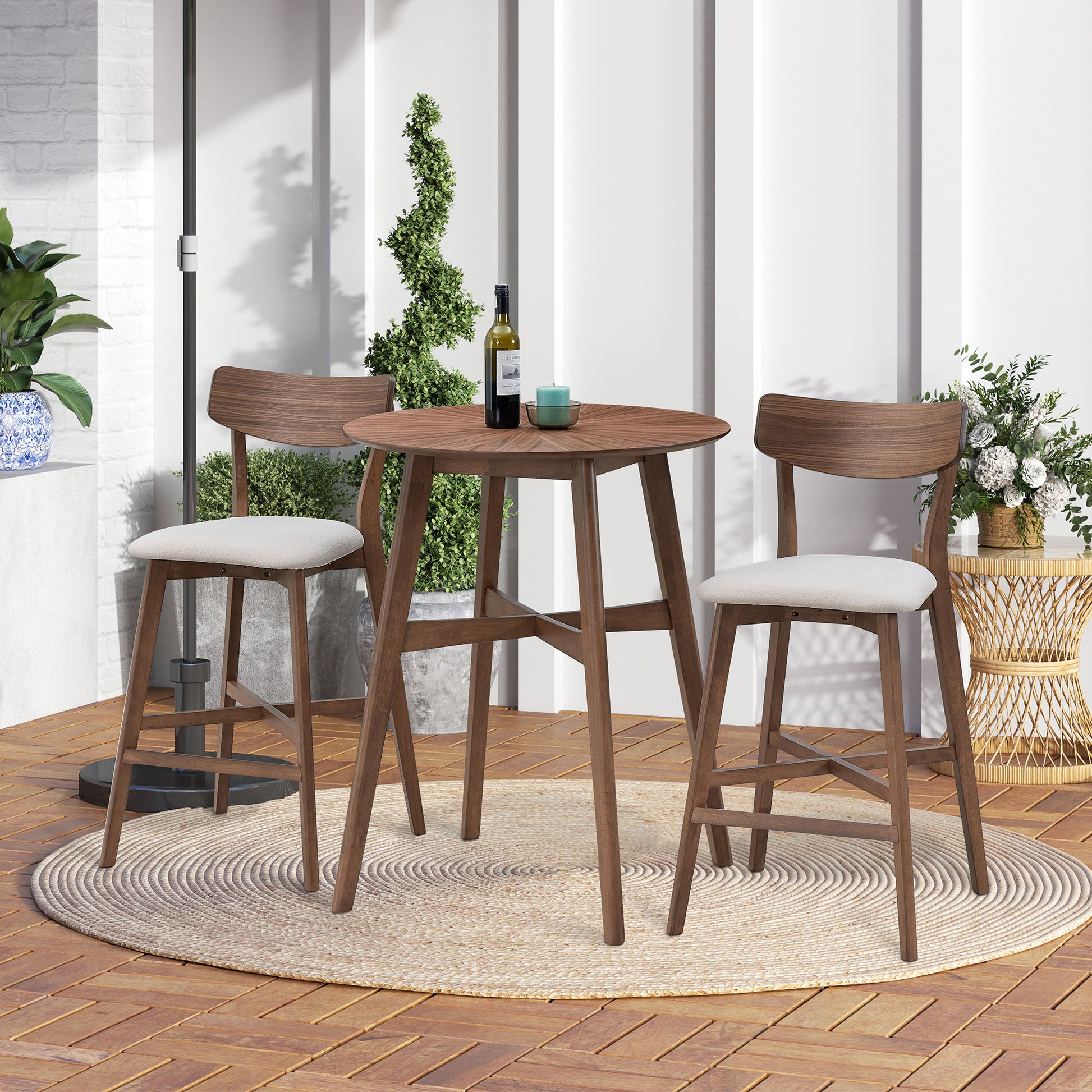 3 Pieces Bar Table Set,Modern Round Counter Height Pub Table, Wooden High Top With Bar Stools Pub Dining Set For Kitchen,Restaurant,Cocktail Bar,Walnut Walnut Solid Wood Mdf