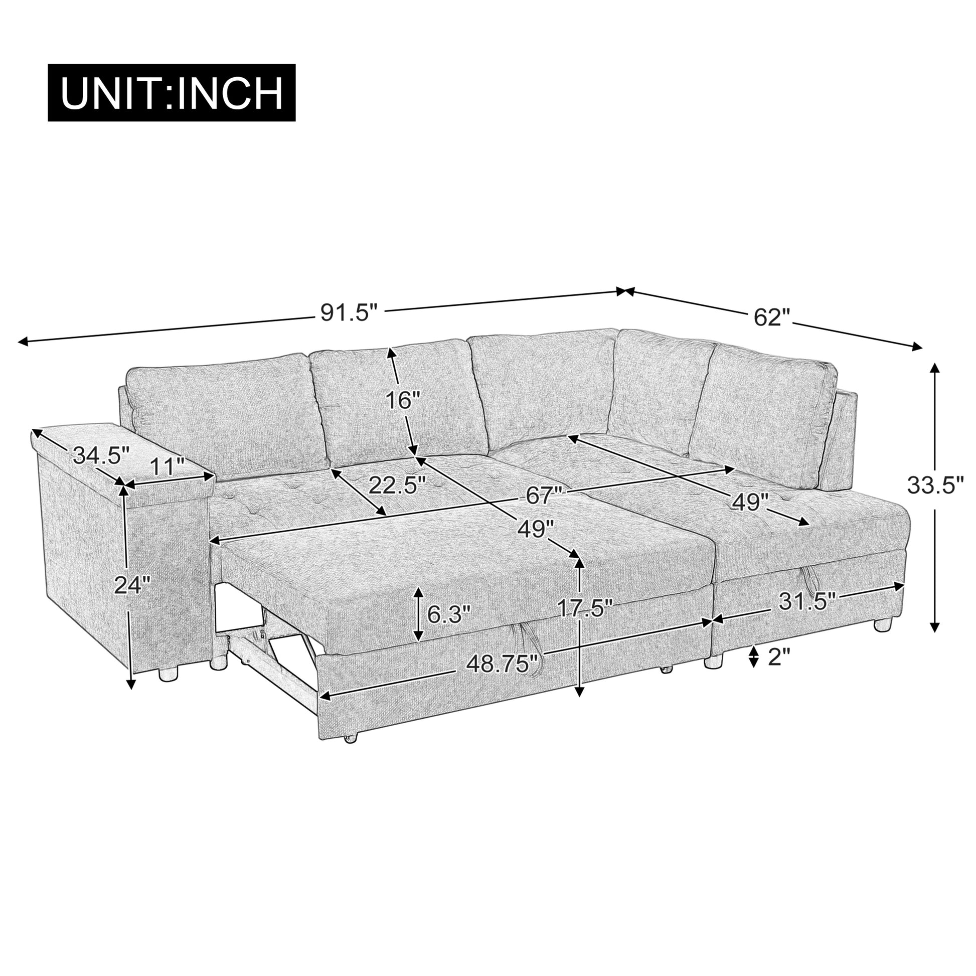 Mirod 91.5 Inch L Shaped Couch With Pull Out Bed And Storage Sectional Sleeper Sofa With Hidden Storagewide Armrest With Storage,For Living Room, Apartment, Bedroom, Office Grey Polyester 3 Seat