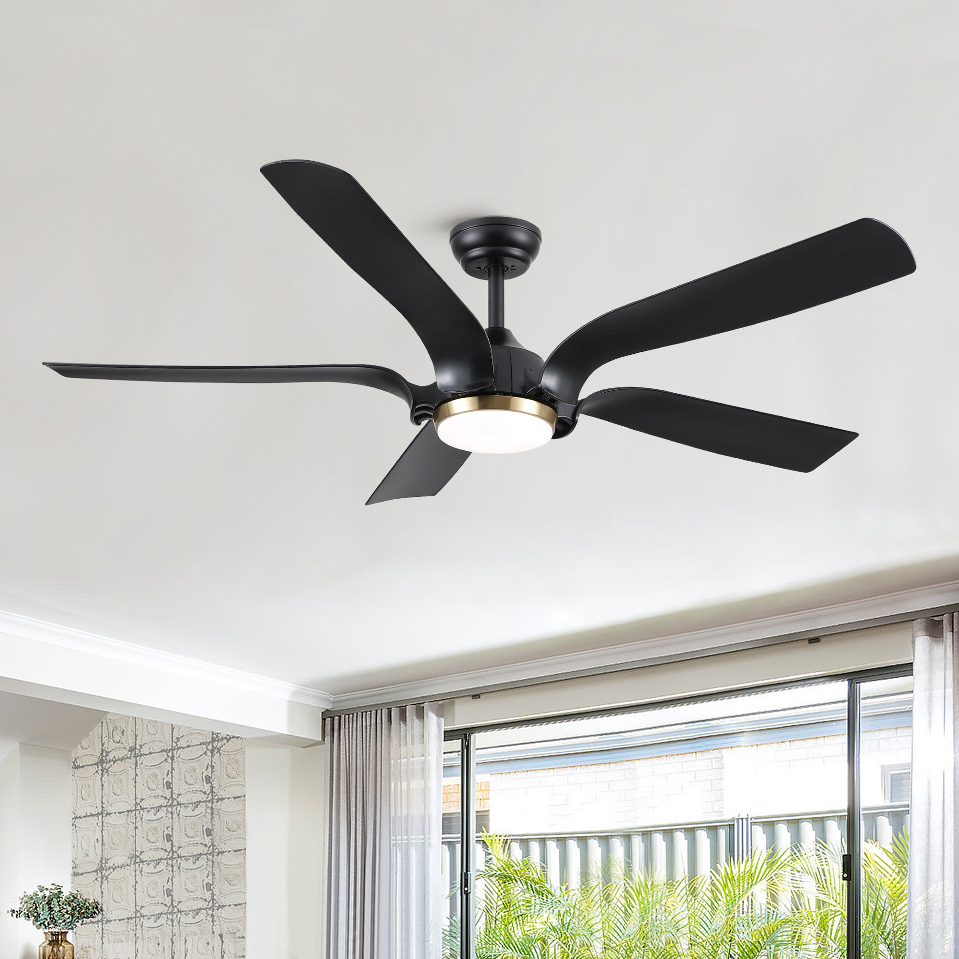 Smart 56" Integrated Led Ceiling Fan With Antique Brown Blades In Matte Black Fan Body Finish Black Abs