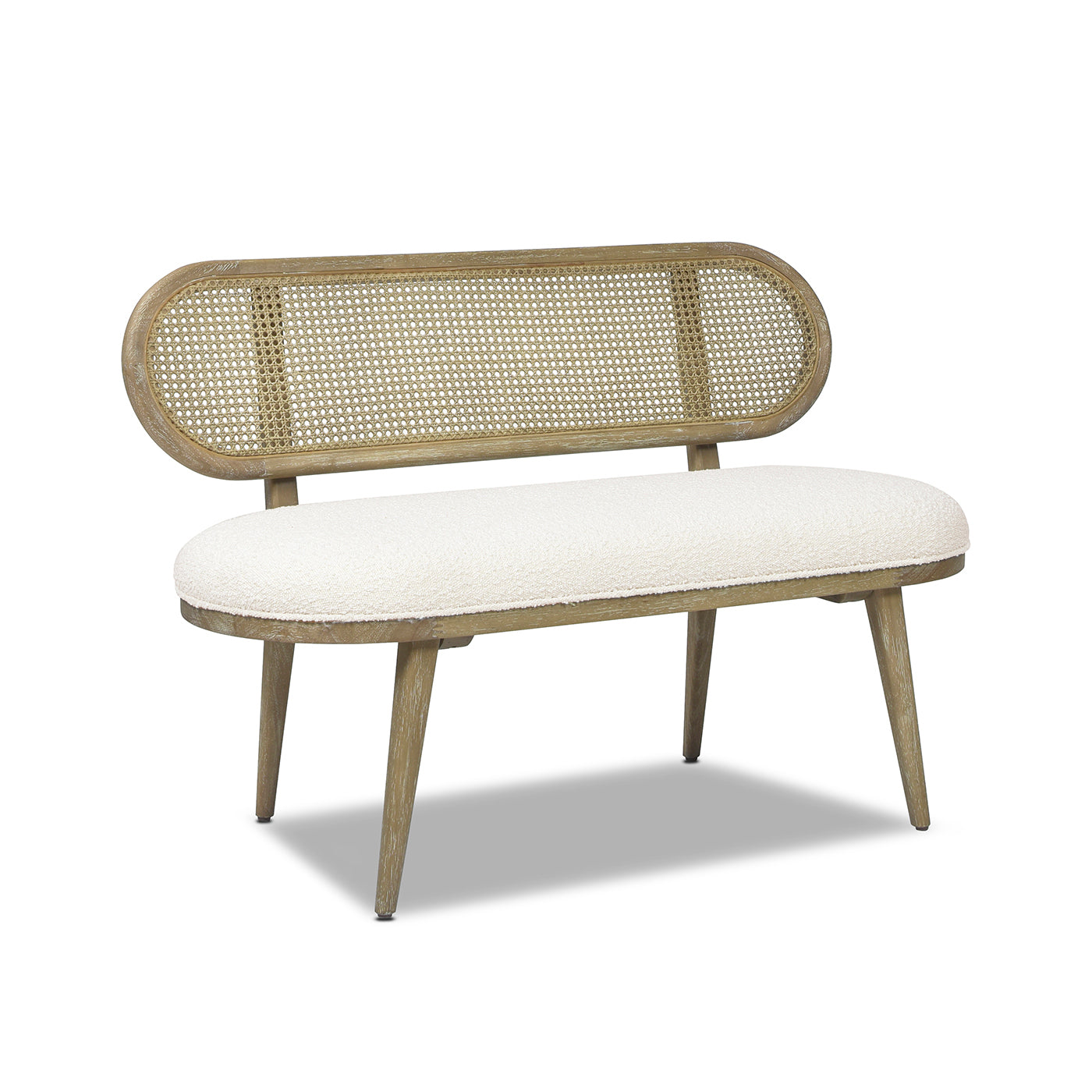 Havana 42" Cane Rattan Upholstered Bench Settee, Ivory White Boucle White Foam Wood Fabric Rattan