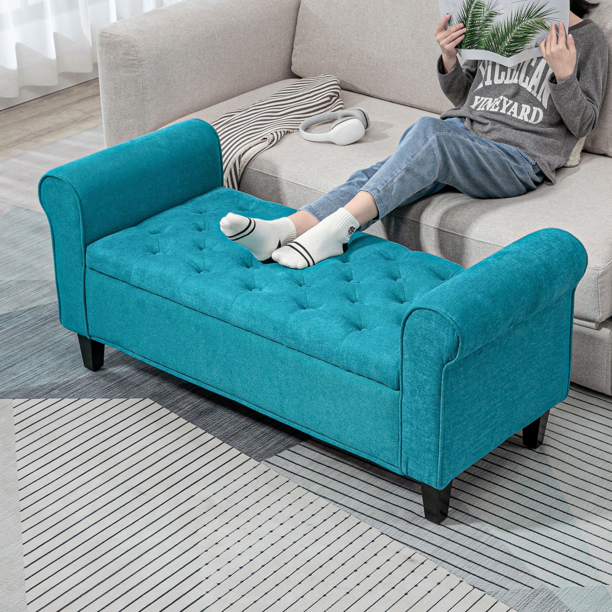 Homcom 50" Storage Ottoman Bench, Upholstered End Of Bed Bench With Rolled Arms, Wood Legs, Button Tufted Storage Bench With Safety Hinges For Living Room, Entryway, Bedroom, Teal Teal Wood