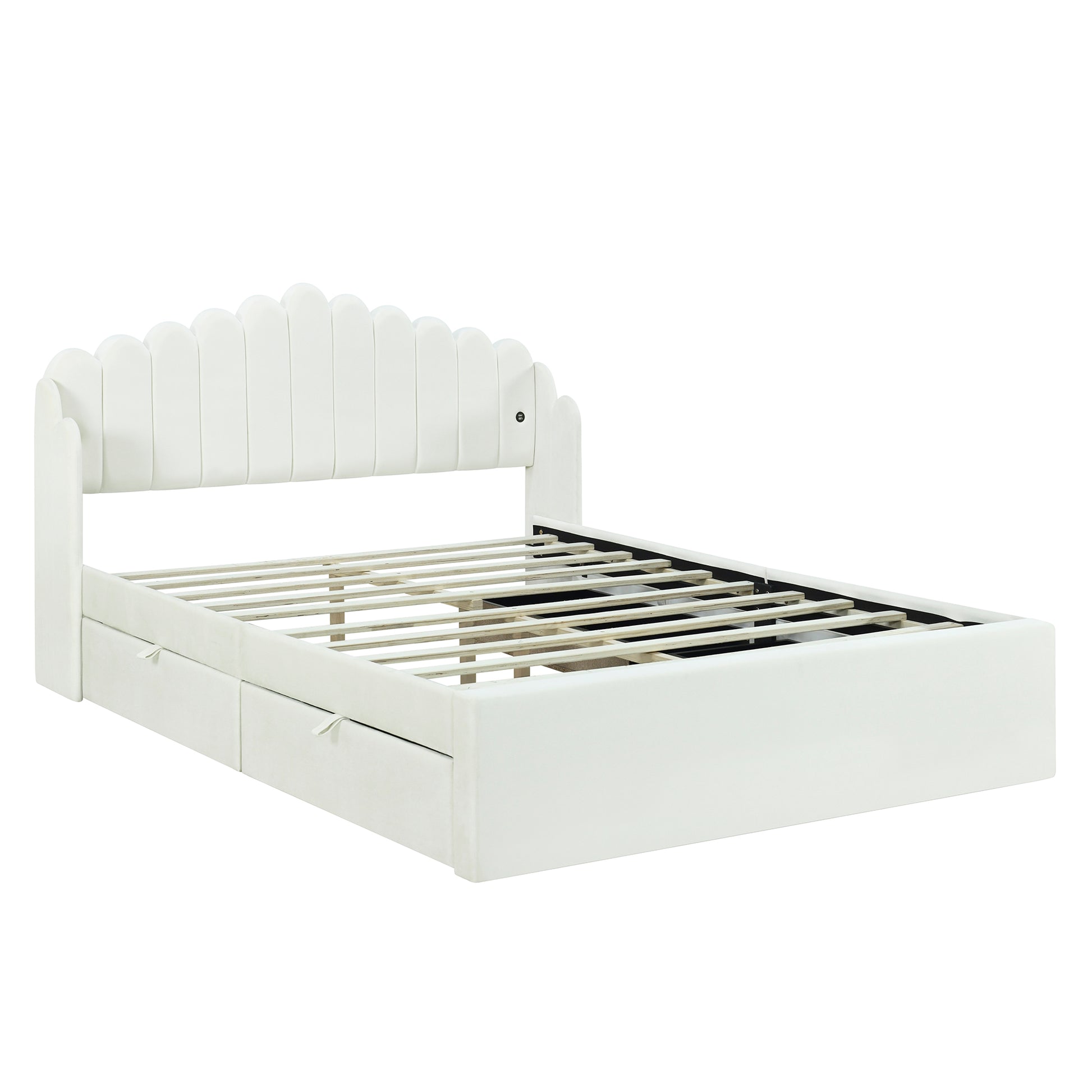 Queen Size Upholstered Platform Bed With 4 Drawers And 2 Usb, Beige Box Spring Not Required Queen Beige Wood Bedroom Bed Frame Polyester Upholstered