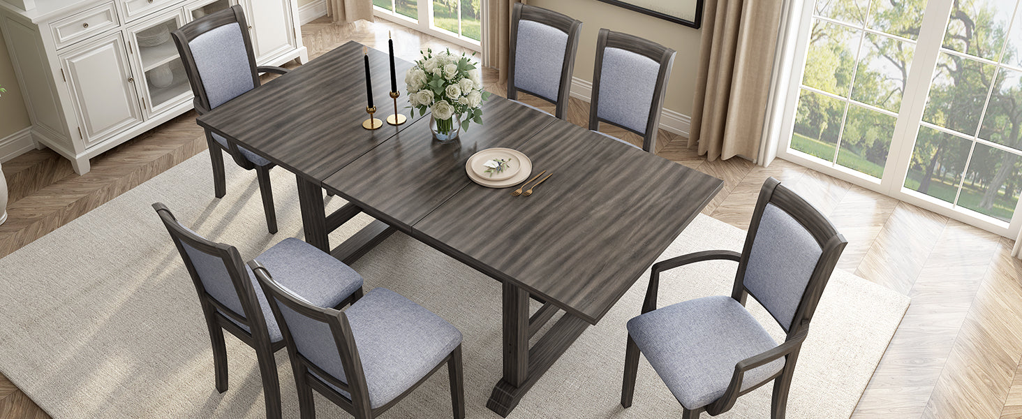 7 Piece Updated 76.9Inch Extendable Trestle Dining Table Set With Removable Leaf, Kitchen Table Set With Upholstered Side Chair And Arm Chair, Set Of 6, Grey Brown Wood Dining Room Solid Wood Rubberwood Rectangular Dining Table With Chair Upholstered