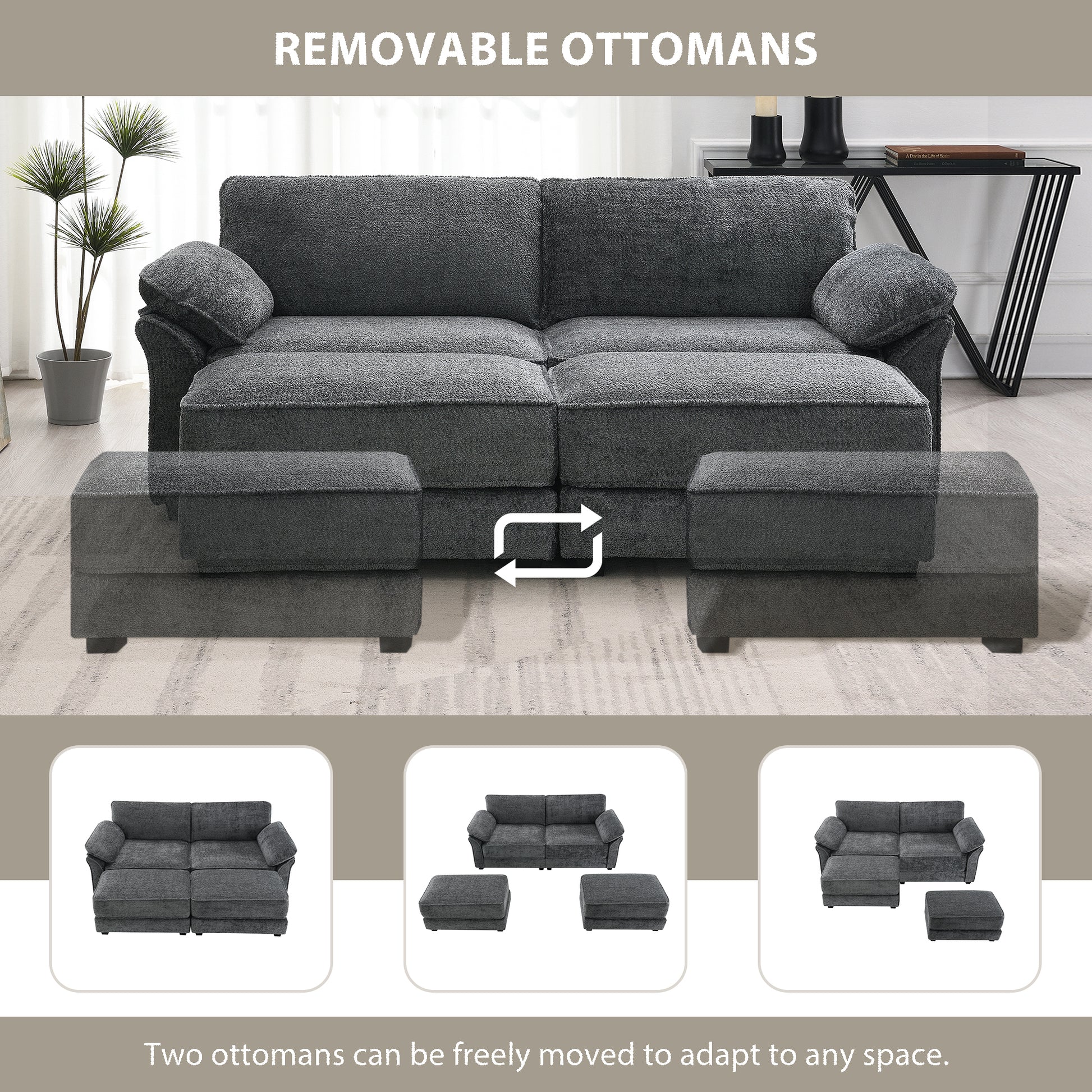 Free Combination Modular Convertible Sectional Sofa Bed Set, 4 Seat Upholstered Sleeper Corner Couch, Deep Seat Loveseat With Ottoman For Living Room, Office, Apartment,2 Colors Gray Chenille 4 Seat