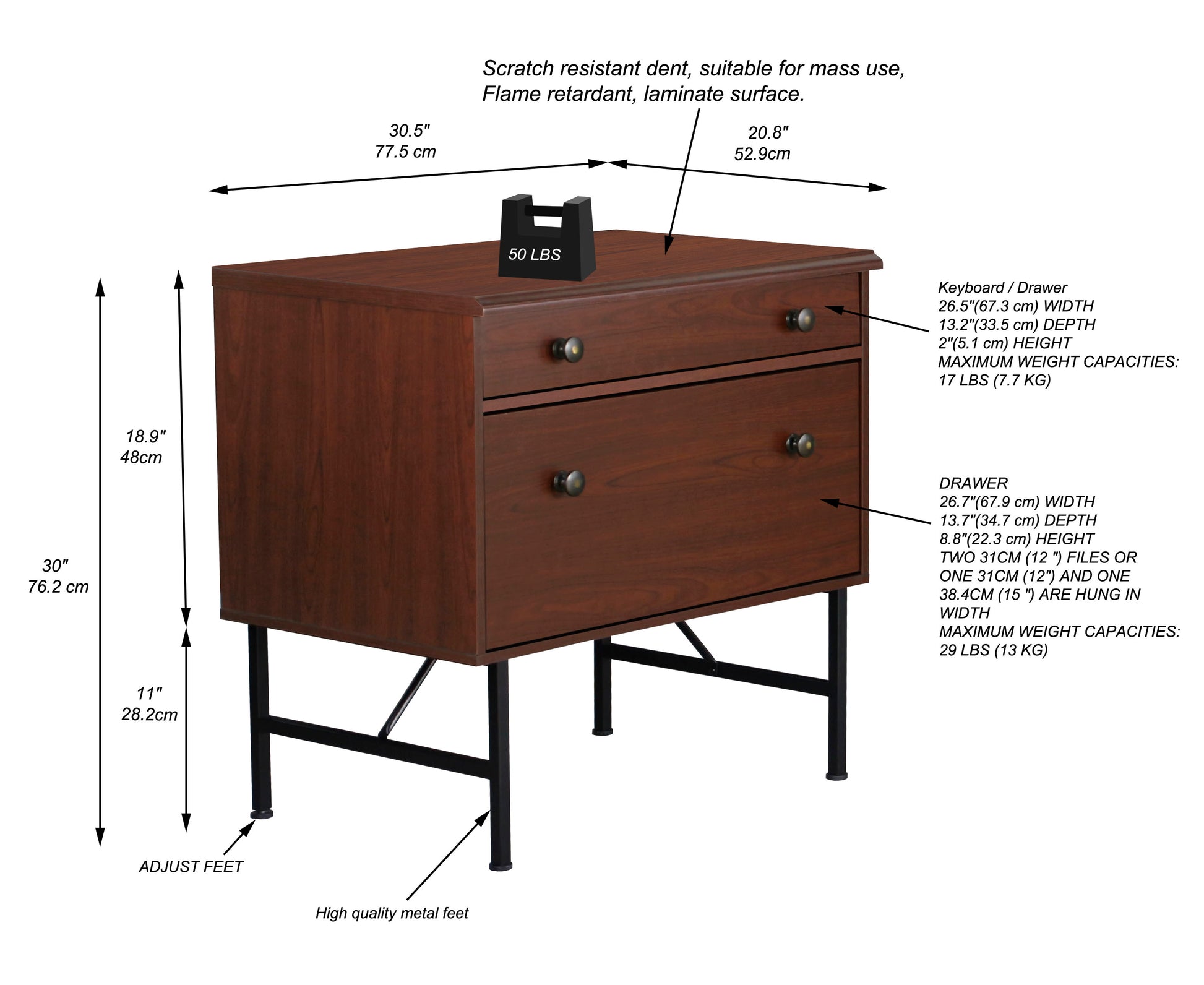 Lateral File Drawer Cherry Wood File Cabinet With 2 Drawers Contemporary Metal Hardware, Legal And A4 Storage, Scratch Resistant Surface Cherry Solid Wood