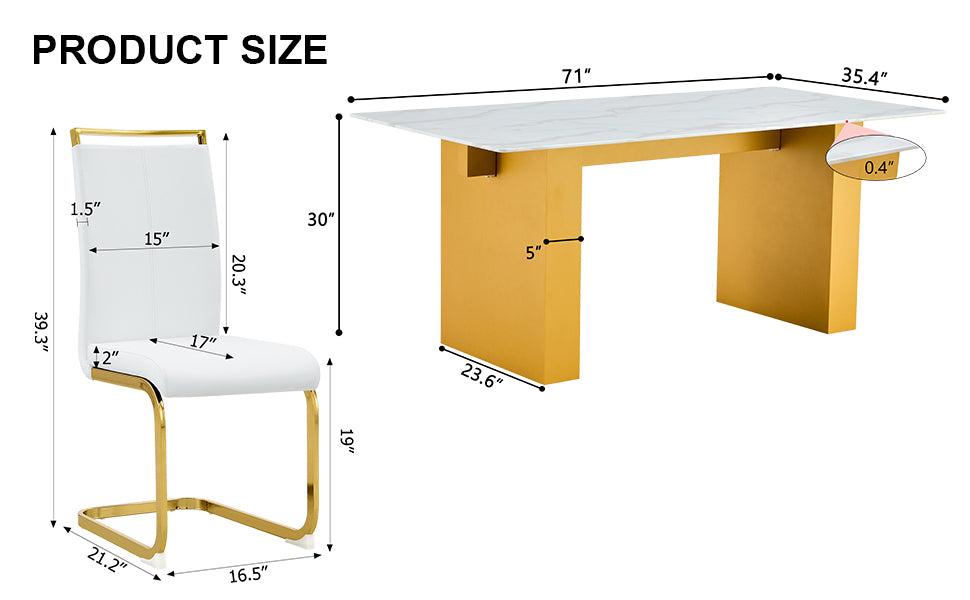 Table And Chair Set.Large Modern Rectangular Table With 0.4 Inch Patterned Glass Tabletop And Large Mdf Table Legs.Comes With 8 Chairs With Faux Leather Cushioned Seats And Golden Metal Legs. Gold White Seats 8 Mdf Glass