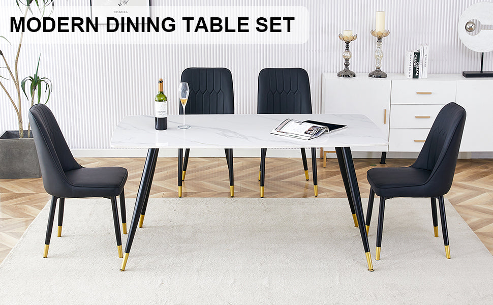 Modern Minimalist Dining Table. White Imitation Marble Pattern Sintered Stone Desktop With Black Metal Legs.Modern Dining Chair With Pu Artificial Leather Backrest Cushion And Black Metal Legs.F 001 Black Gold Sintered Stone