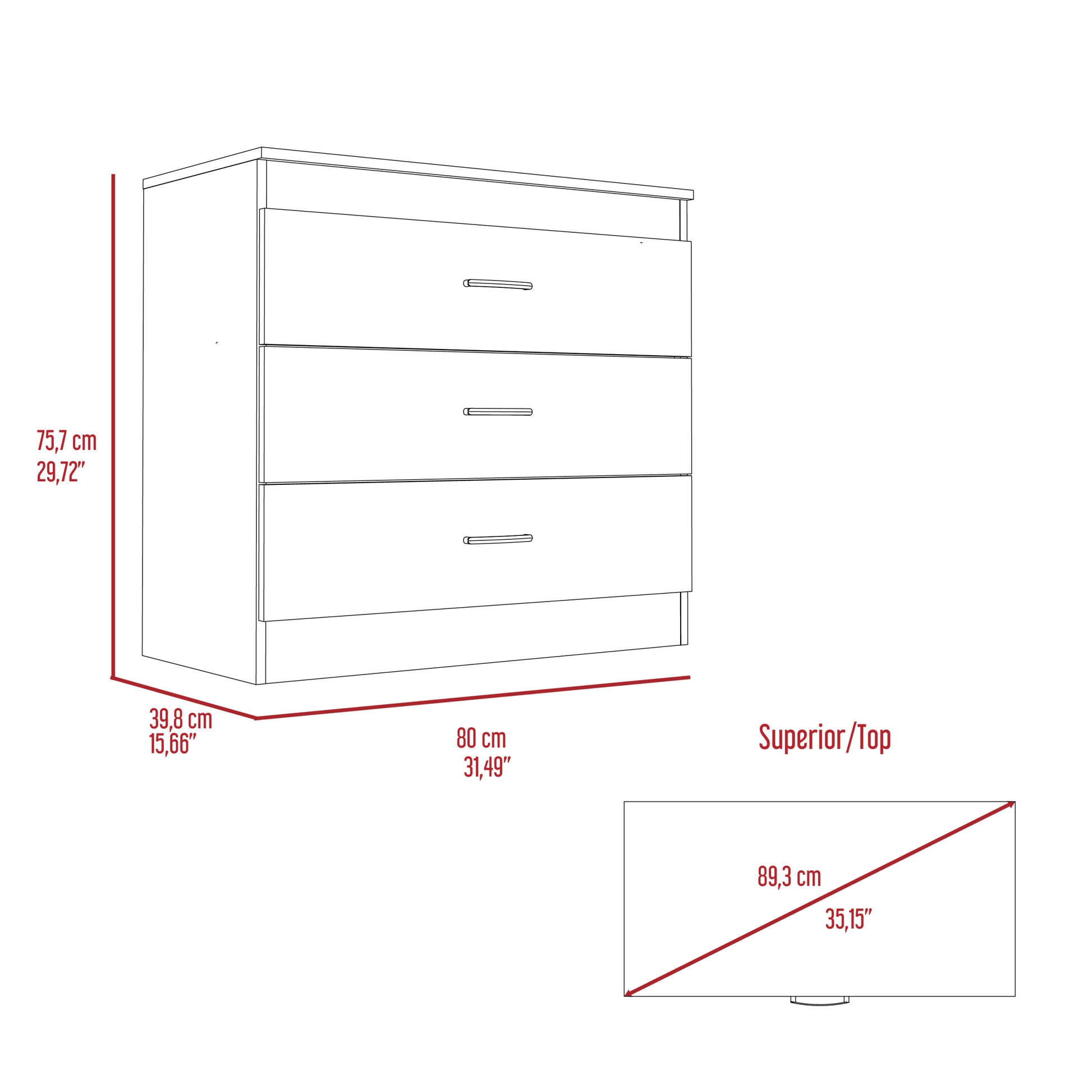 Cambridge Three Drawers Dresser Black Bedroom Modern Pine Melamine Engineered Wood