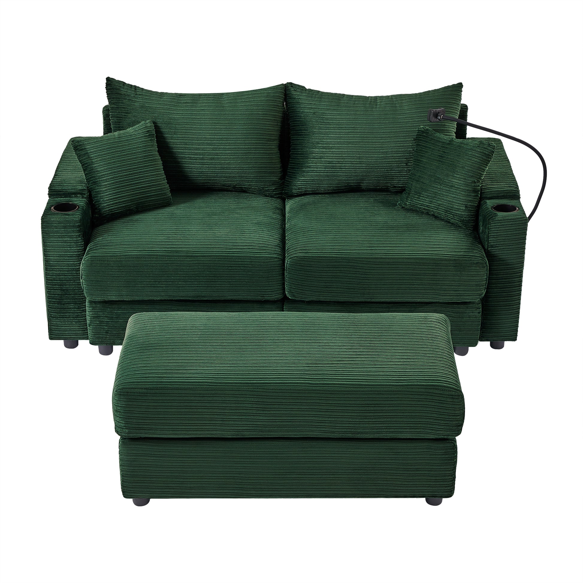 72.8" Modern Style Loveseat Sofa Sectional Sofa Couch With Storage Space, A Movable Ottoman, Two Usb Ports, Two Cup Holders, A Phone Holder For Living Room, Green Green Foam Corduroy 3 Seat