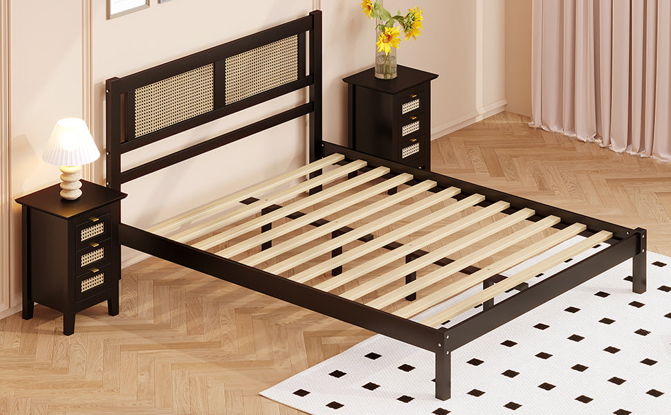 3 Pieces Bedroom Sets Full Size Wooden Platform Bed With Natural Rattan Headboard, Nightstands Set Of 2 With Rattan Woven Surfaces And Three Drawers For Bedroom, Black Black Particle Board