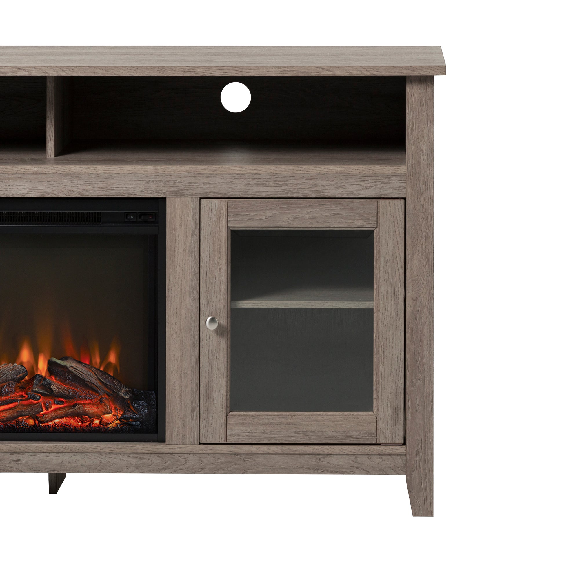 Classic Glass Door Fireplace Tall Tv Stand For Tvs Up To 65" Driftwood Reclaimed Barnwood Mdf