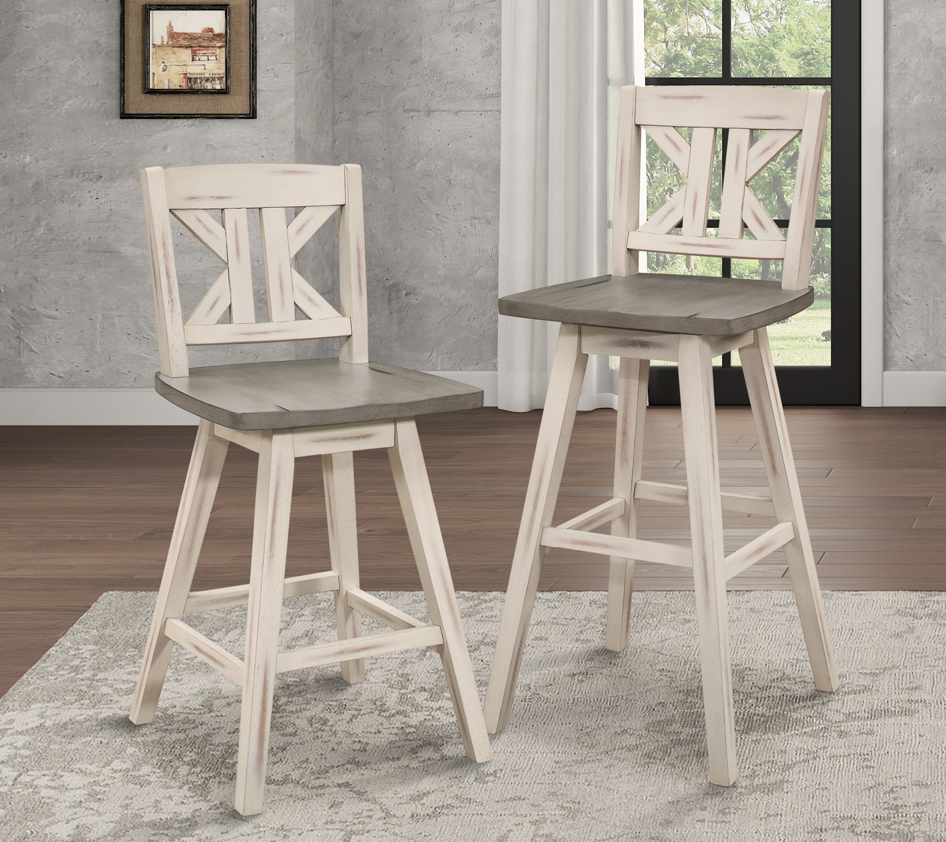 Counter Height Chairs Set Of 2, White Gray 360 Degree Swivel Chair Solid Rubberwood Kitchen Dining Furniture, Divided X Back White Gray Dining Room Rustic Solid Wood