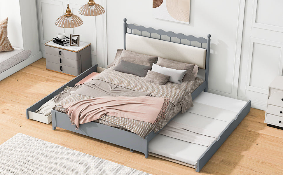 Queen Size Wooden Storage Platform Bed, With 2 Big Drawers, T Size Trundle, Gray Queen Gray Plywood