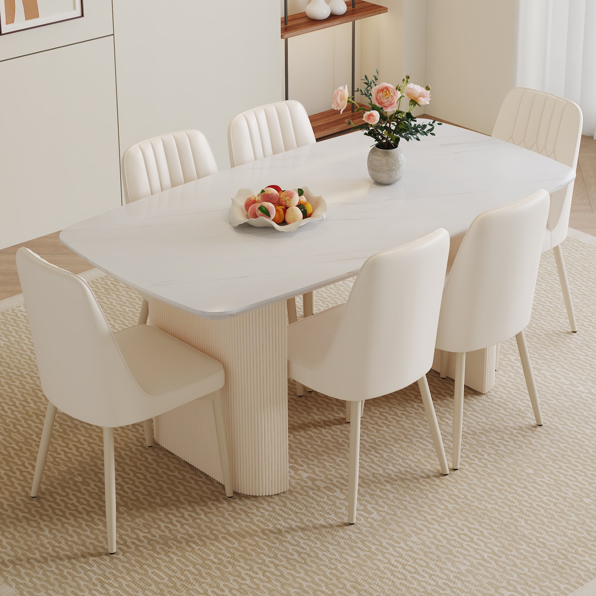 Table And Chair Set.67*35.4 Cream Style Mdf White Dining Table Set With 6 Cream Style Chairs.Adding A Warm And Gentle Atmosphere To Your Family.Creating A Comfortable And Friendly Dining