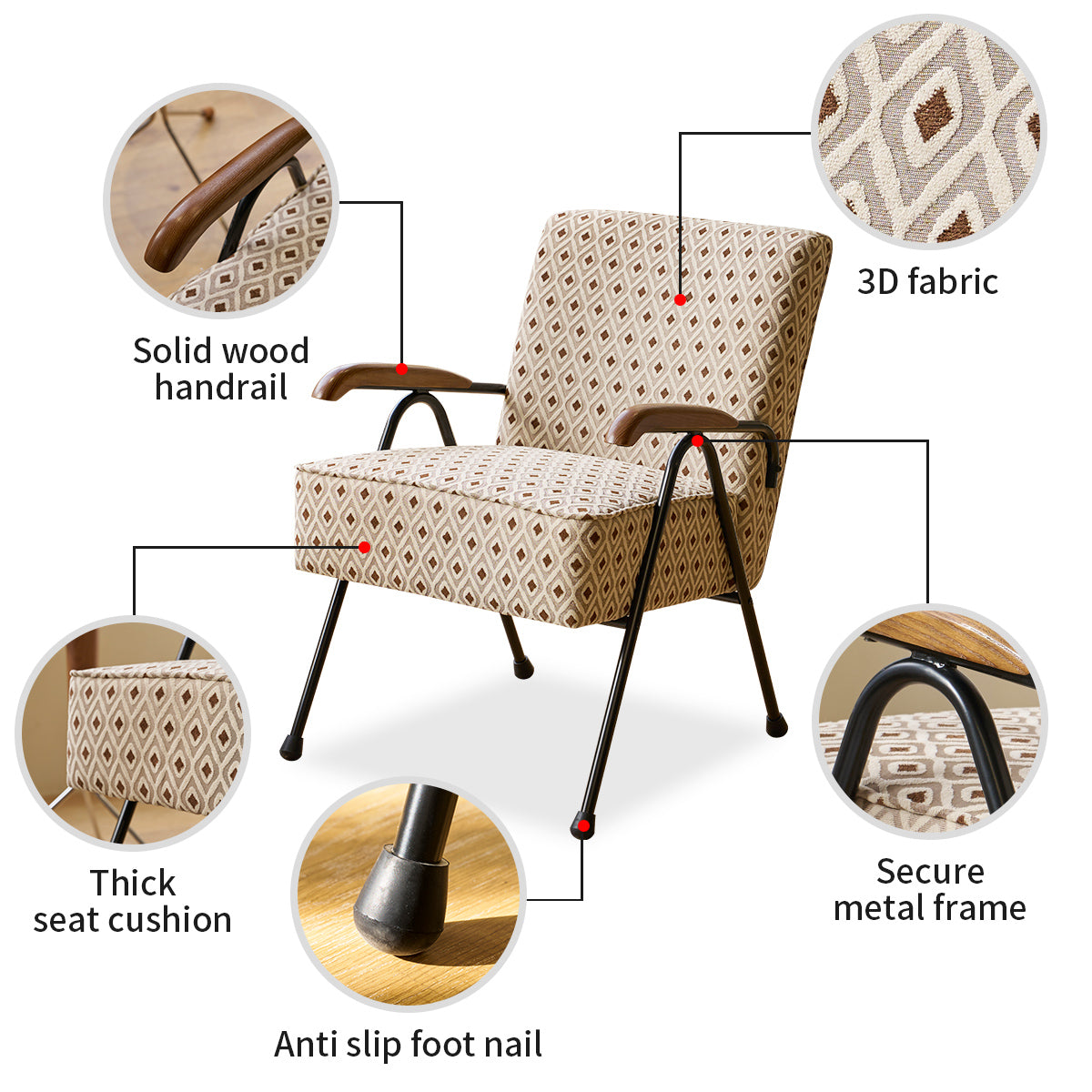 Pattern Colorful Fabric Armchair, Modern Accent Chair High Back, Living Room Chairs With Metal Legs And Soft Padded, Sofa Chairs For Home Office,Bedroom,Dining Room Cream Brown Fabric