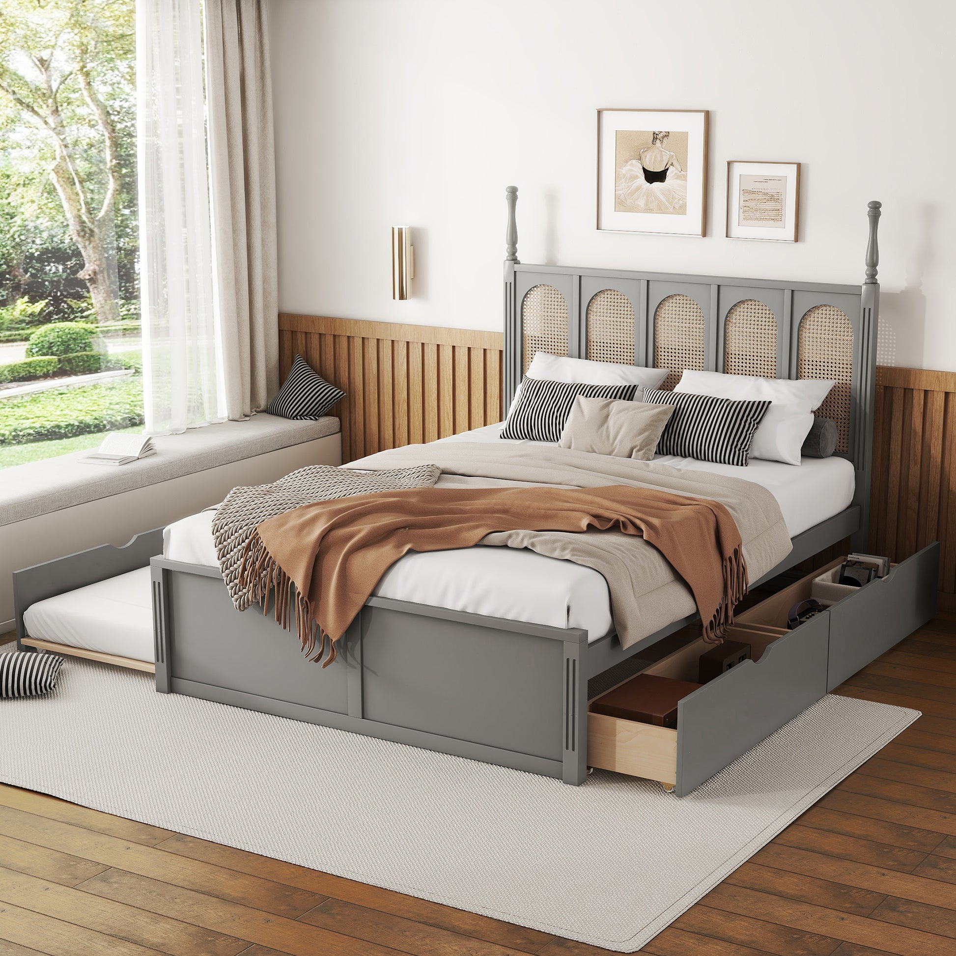 Queen Size Rattan Platform Bed With With 2 Big Drawers, T Size Trundle, Gray Queen Gray Plywood