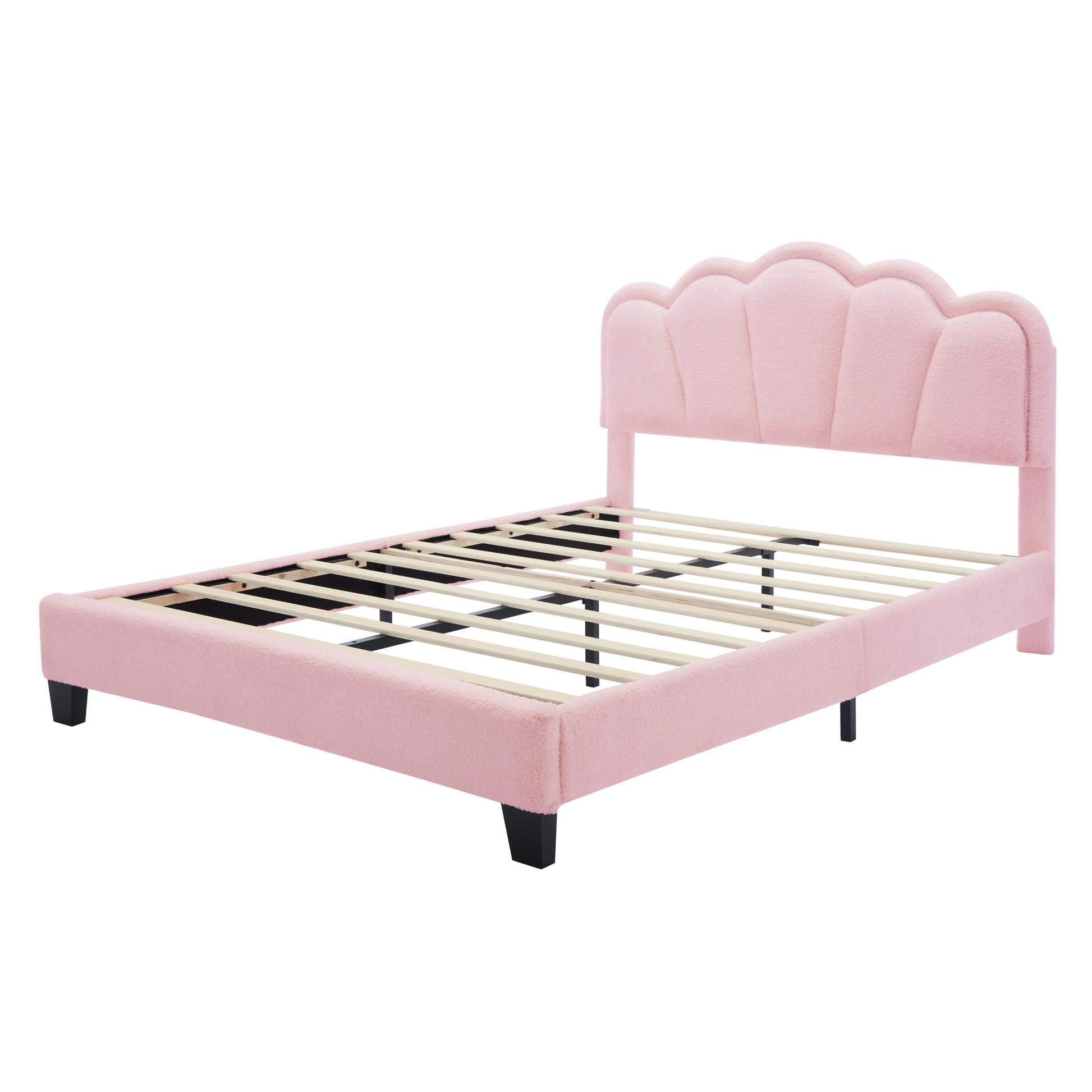 Full Size Upholstered Flower Shape Bed, Elegant Flowers Headboard With Led Light Strip ,Sherpa Fabric Platform Bed With Wooden Slats Support, Pink Full Pink Wood