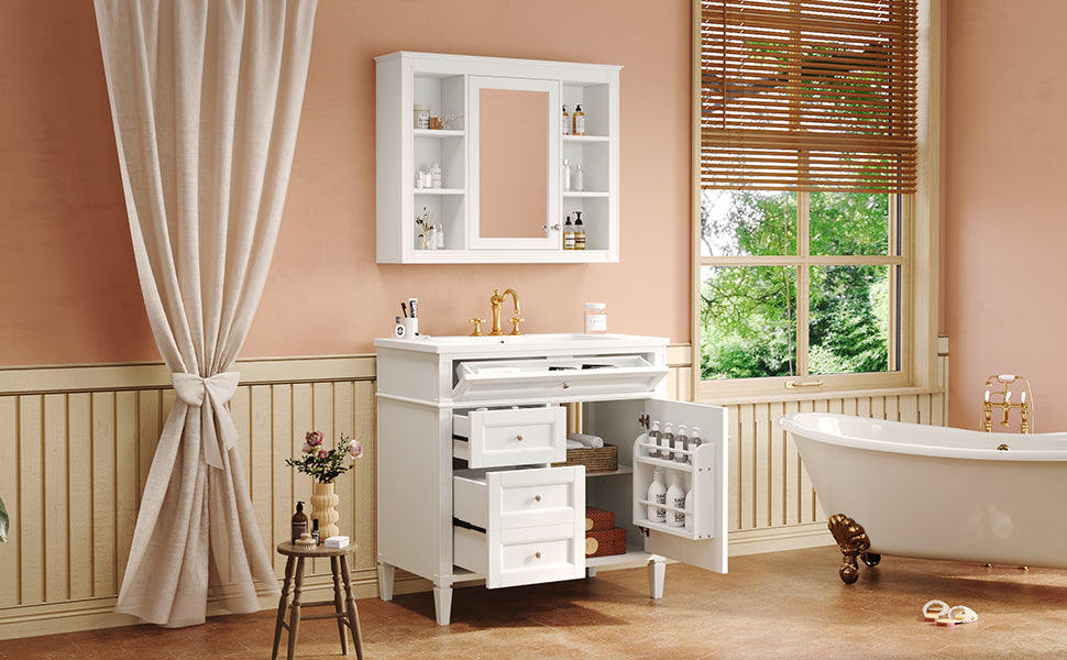 36'' Bathroom Vanity With Medicine Cabinet, Modern Bathroom Storage Cabinet With 2 Soft Closing Doors And 4 Drawers, Single Sink Bathroom Vanity White Bathroom Ceramic,Solid Wood Mdf