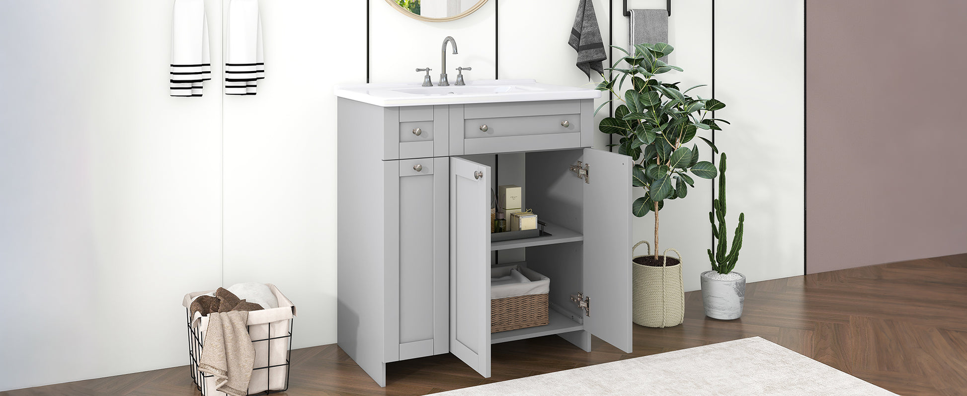 30 Inch Grey Bathroom Vanity With Ceramic Sink Combo, Abundant Storage Cabinet 2 Soft Close Doors And Double Tier Deep Drawer Grey Bathroom Mdf