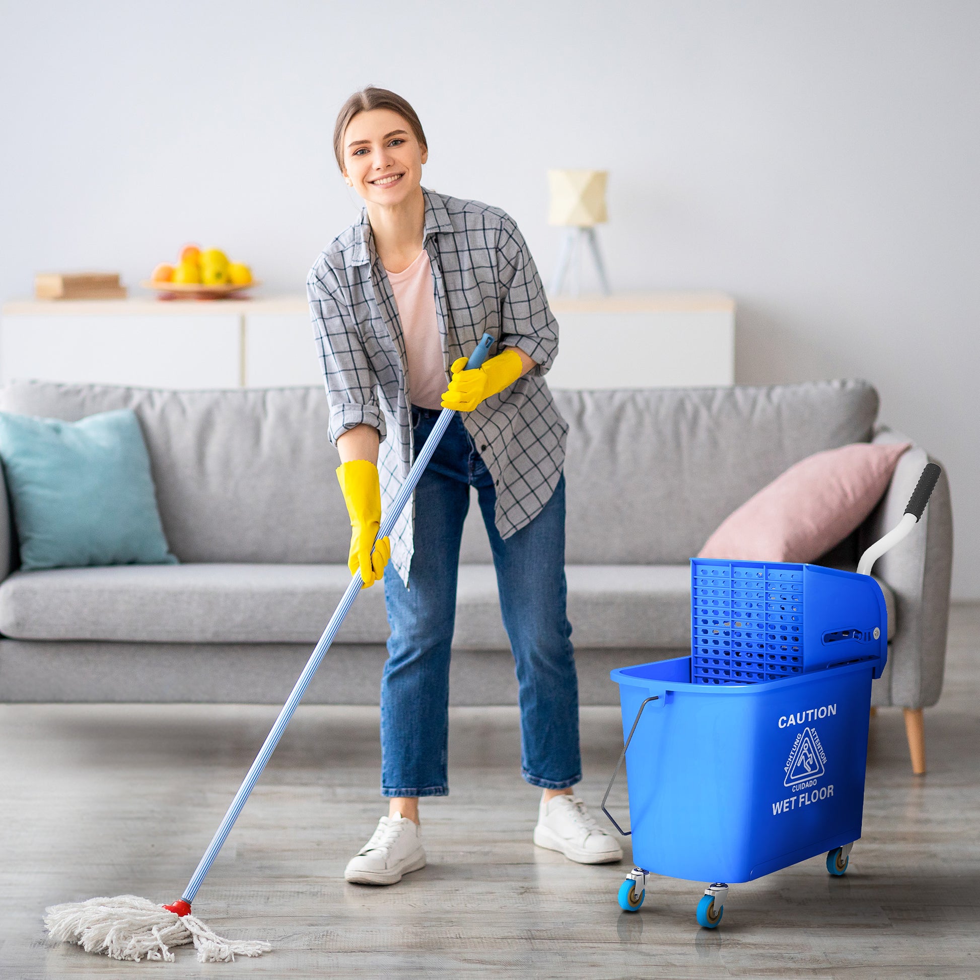 Homcom Mop Bucket With Wringer On Wheels For Floor Cleaning, 21 Quart, Separate Dirty And Clean Water, Blue Blue Plastic