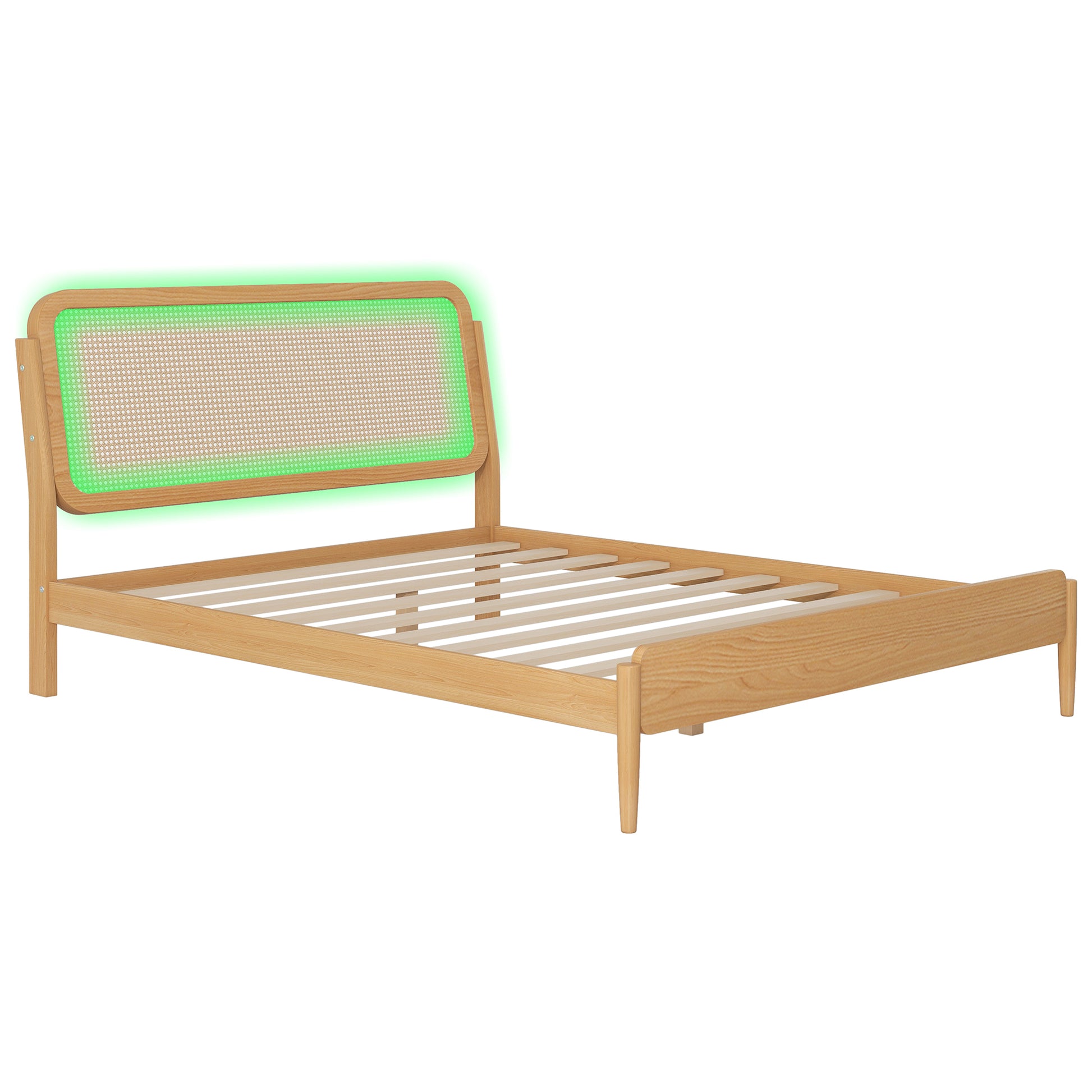 Queen Size Wood Storage Platform Bed With Led Light, Rattan Headboard, Nature Box Spring Not Required Queen Antique Natural Wood Bedroom Bed Frame Wood Rattan
