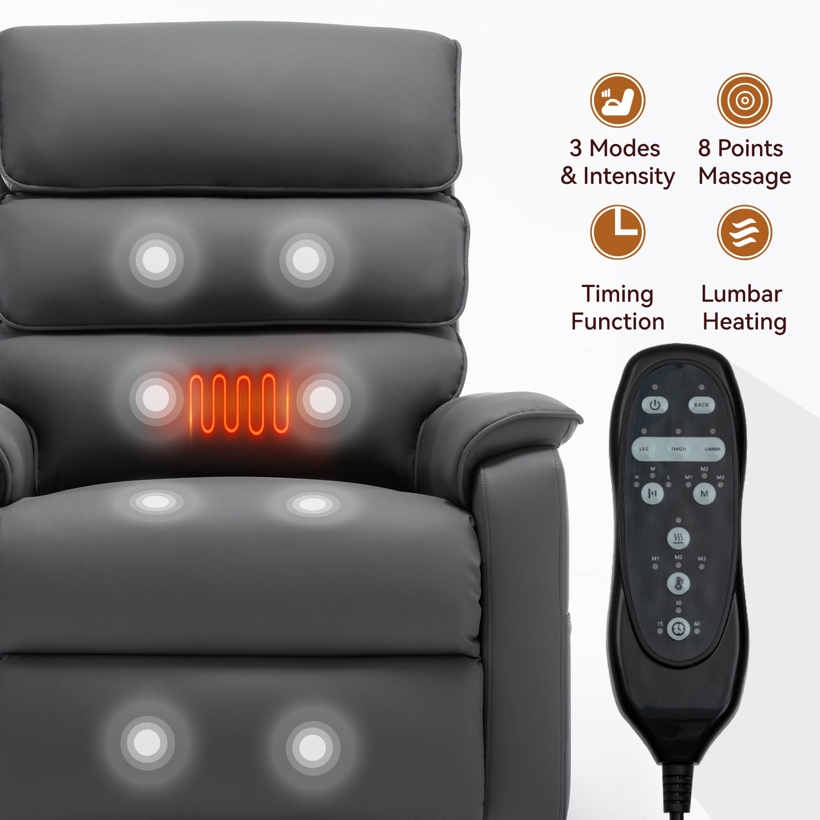 Grey Cat Proof Leather Dual Motor Infinite Position Up To 350 Lbs Power Lift Recliner Chair With Power Remote, Heat Massage And Heavy Duty Motion Mechanism White Metal Primary Living Space Heavy