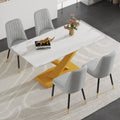 Table And Chair Set.The Table Is Equipped With A Marble Patterned Mdf Tabletop And Gold Table Legs.Paired With 4 Light Gray Chairs With Pu Cushions And Black Metal Legs. Gold,Light Gray Seats 4 Mdf