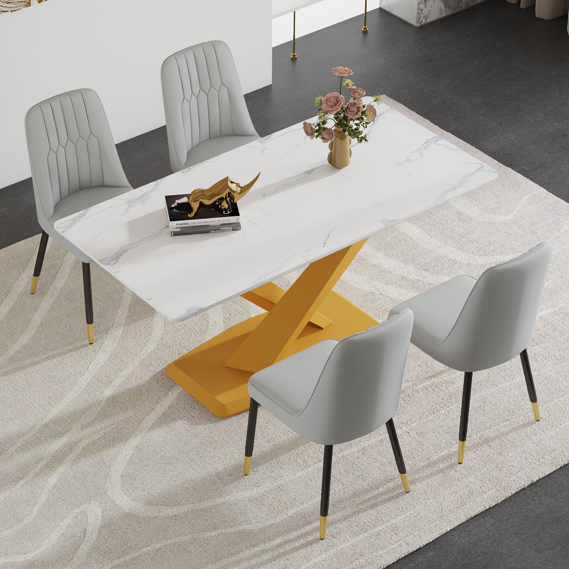 Table And Chair Set.The Table Is Equipped With A Marble Patterned Mdf Tabletop And Gold Table Legs.Paired With 4 Light Gray Chairs With Pu Cushions And Black Metal Legs. Gold,Light Gray Seats 4 Mdf