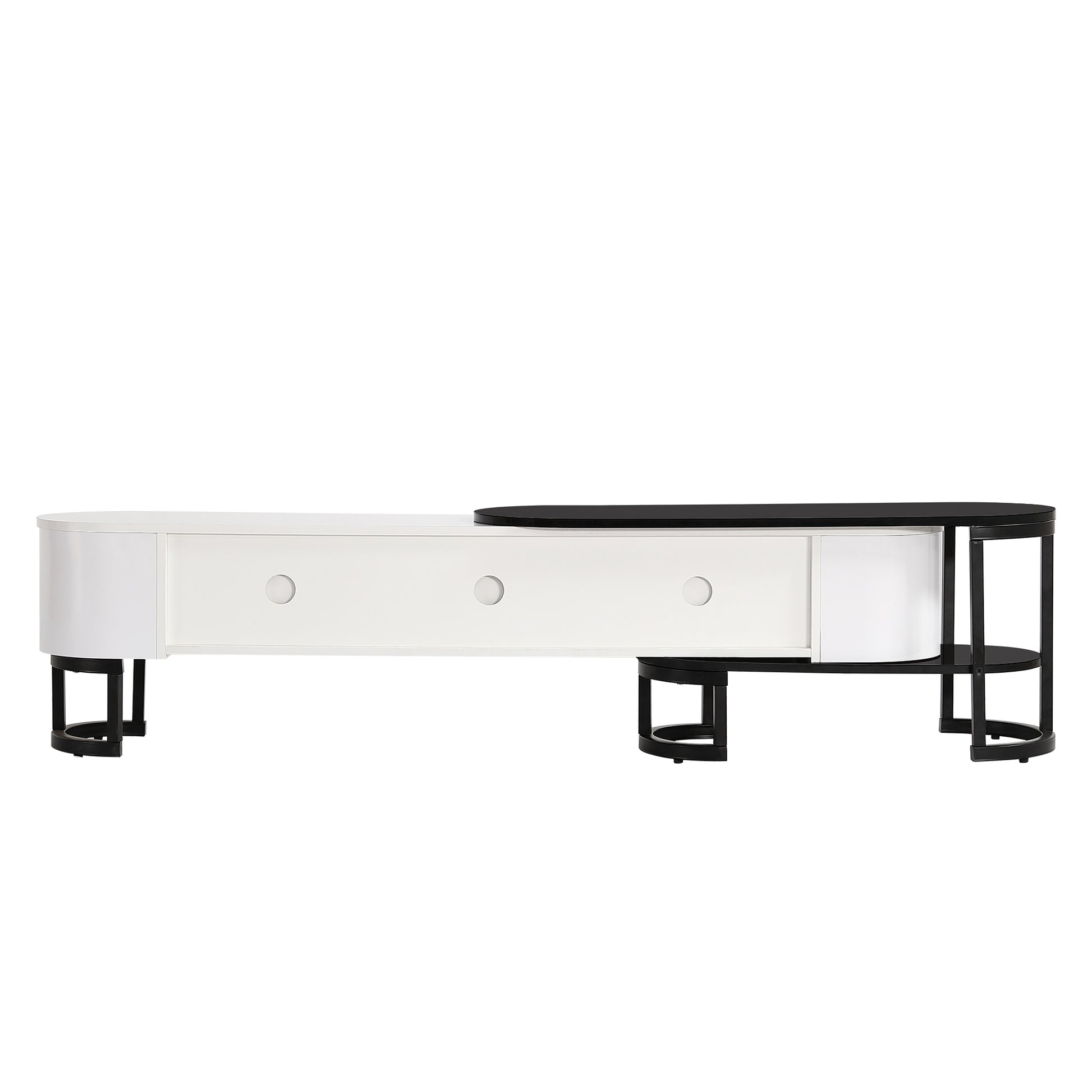 67.7'' 76.4'' Modern Extendable Tv Stand For Tvs Up To 75 Inches, Entertainment Center Media Console With 3 Drawers, Metal Adjustable Legs For Living Room White Black 70 79 Inches Particle Board Mdf