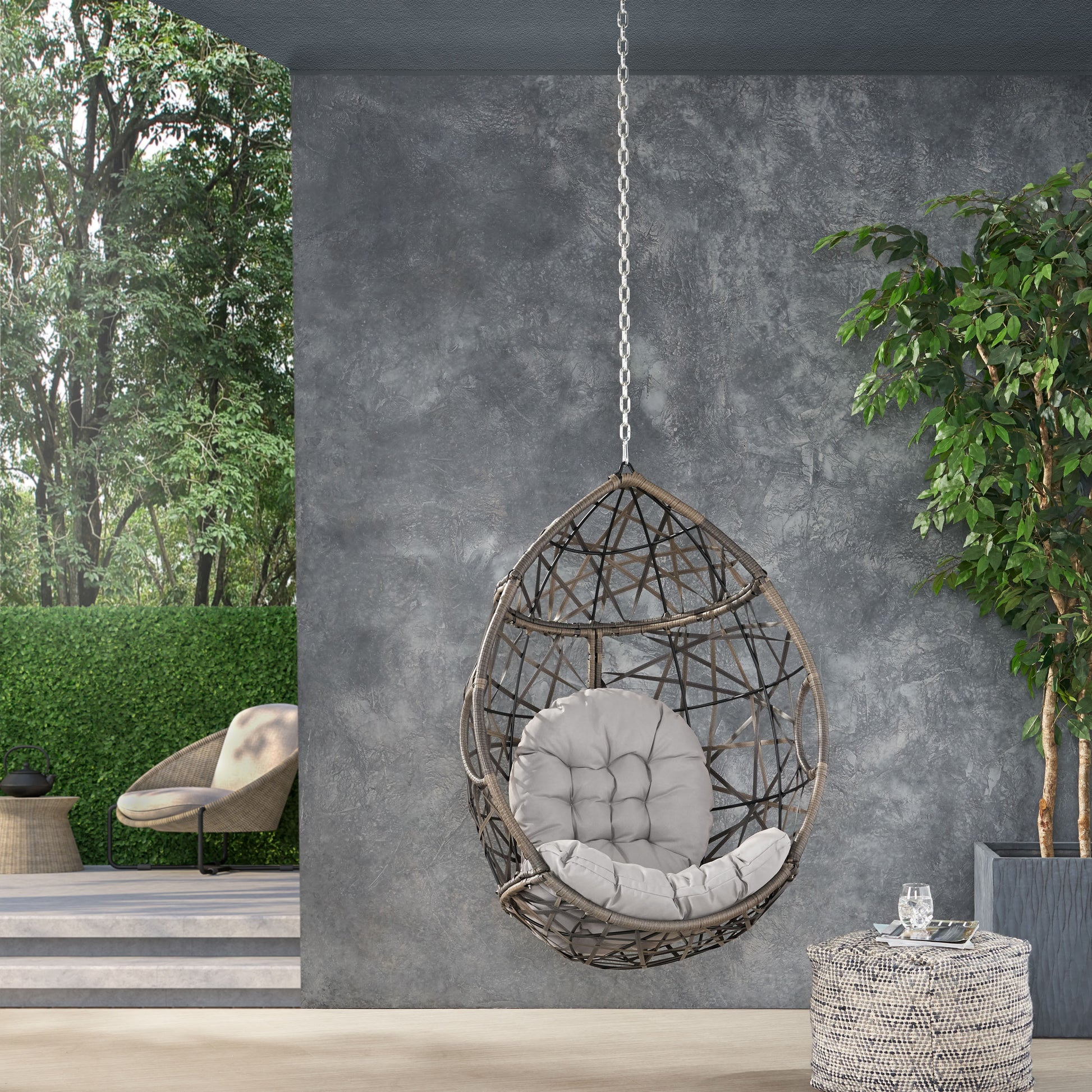 Los Alamitos Hanging Chair With 8Ft Chain Grey Pe Rattan Iron Waterproof Fabric