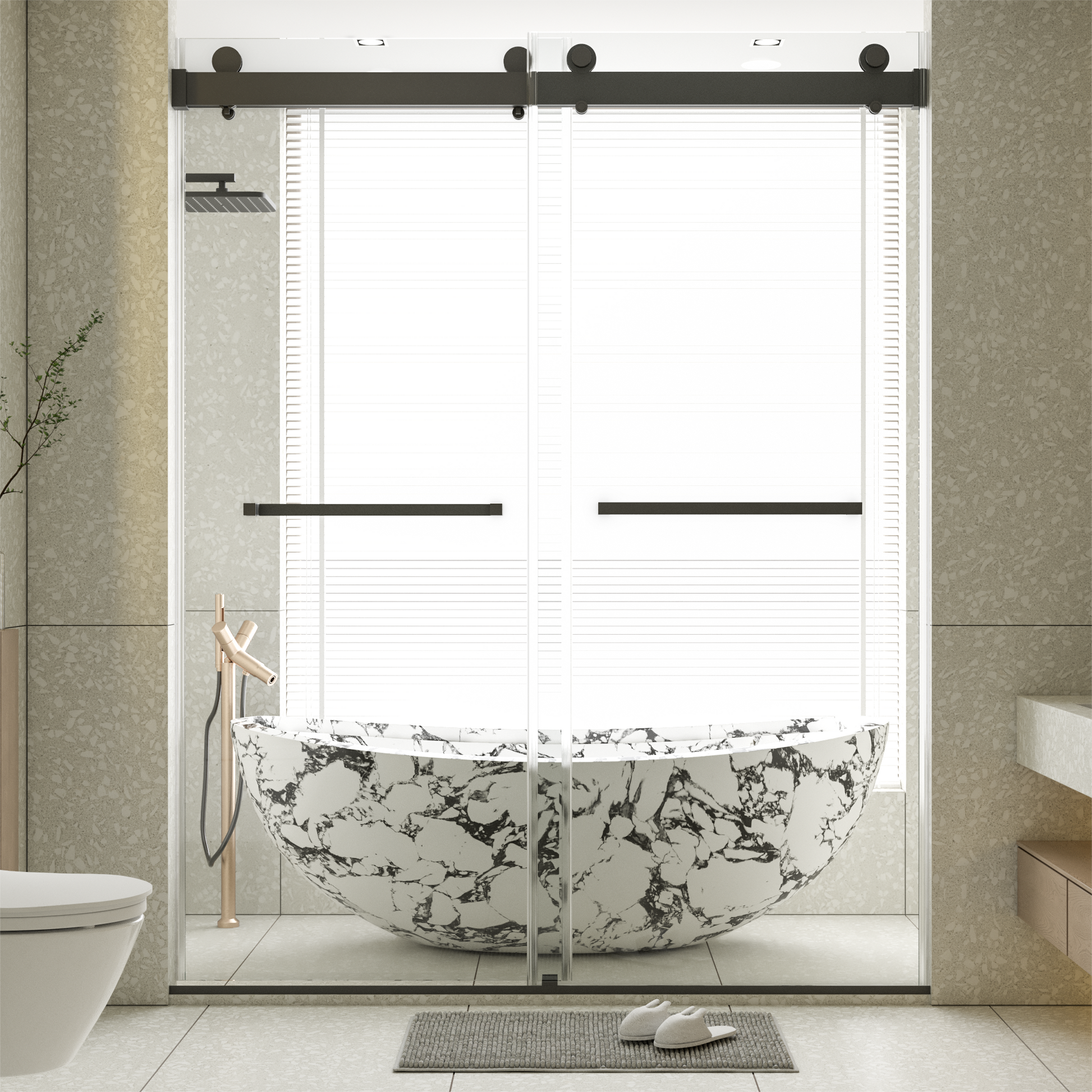56 60 inches W *76 inches H Frameless Double Sliding black-glass+metal