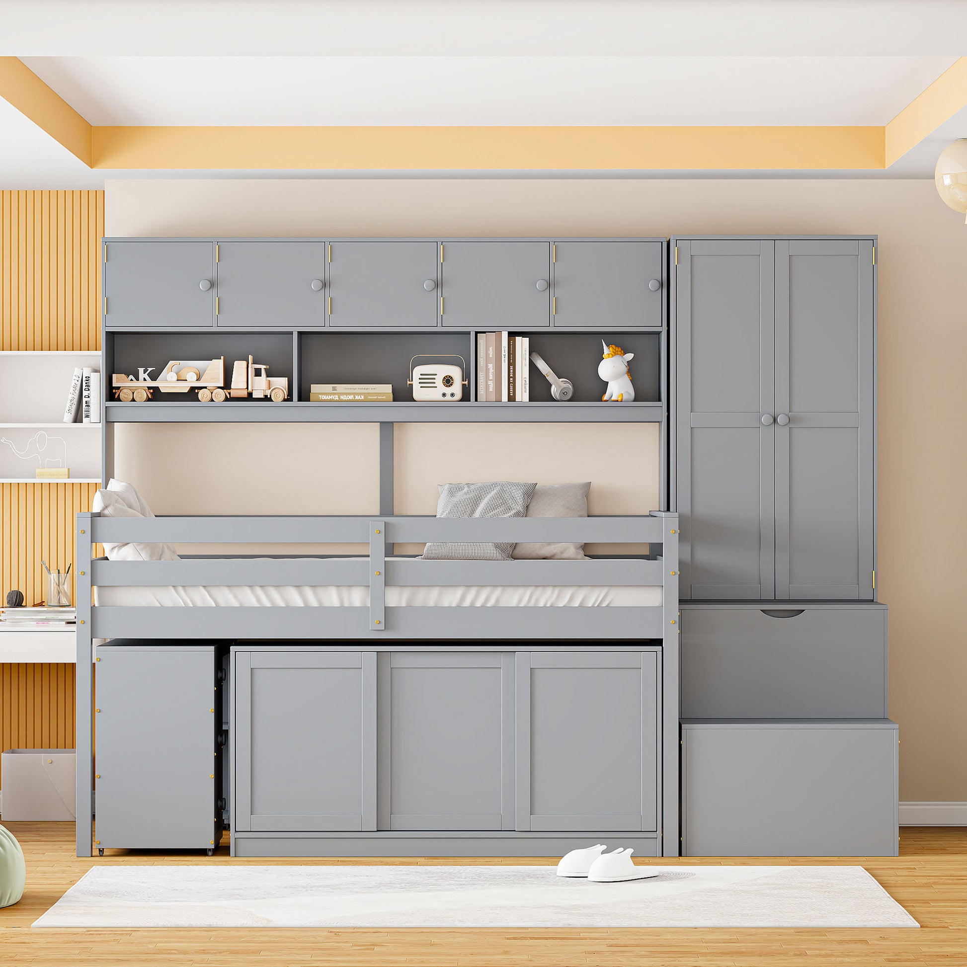 Twin Size Wooden Loft Bed Big Storage With Under Bed Desk, With Drawers, With Shelves, Gray Twin Gray Plywood