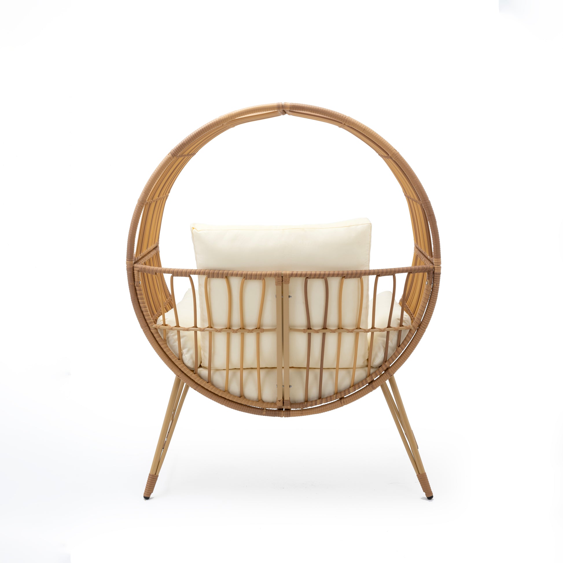 Round Wicker Outdoor Egg Chair, Beige Ancient Oak Rattan Metal