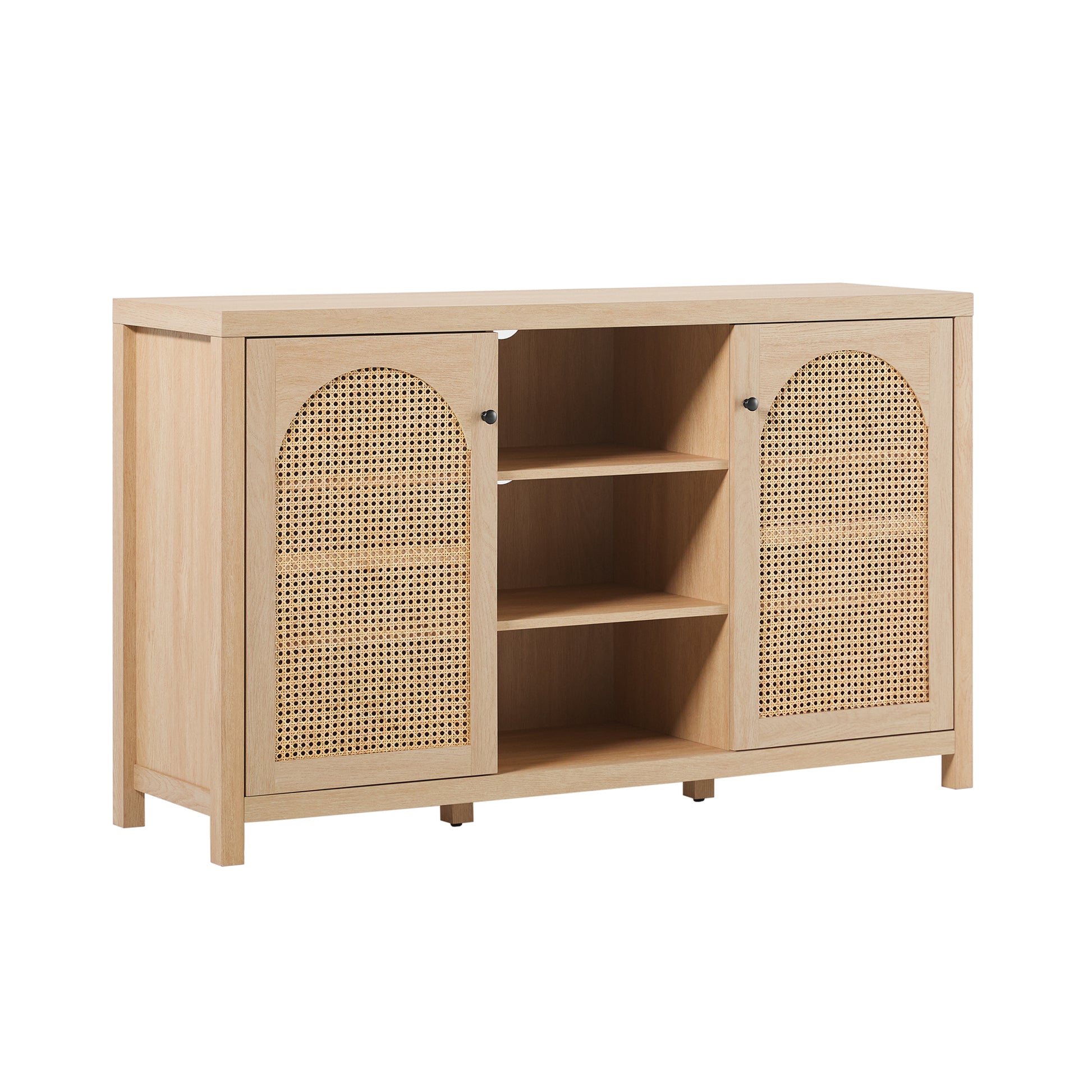 Transitional 58" 2 Door Sideboard With Arched Rattan Panels, Black Light Brown Mdf Mdf