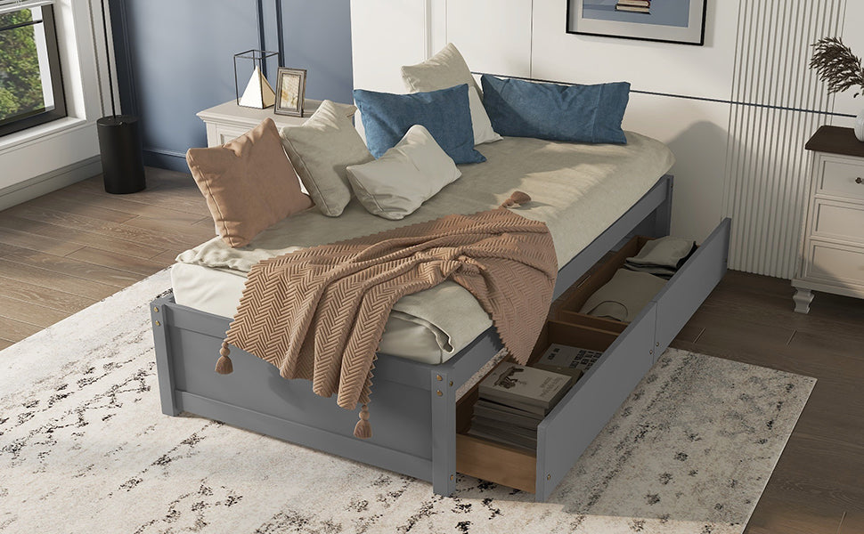 Twin Bed With 2 Drawers, Solid Wood, No Box Spring Needed ,Grey Old Sku:W50422208 Twin Grey Pine