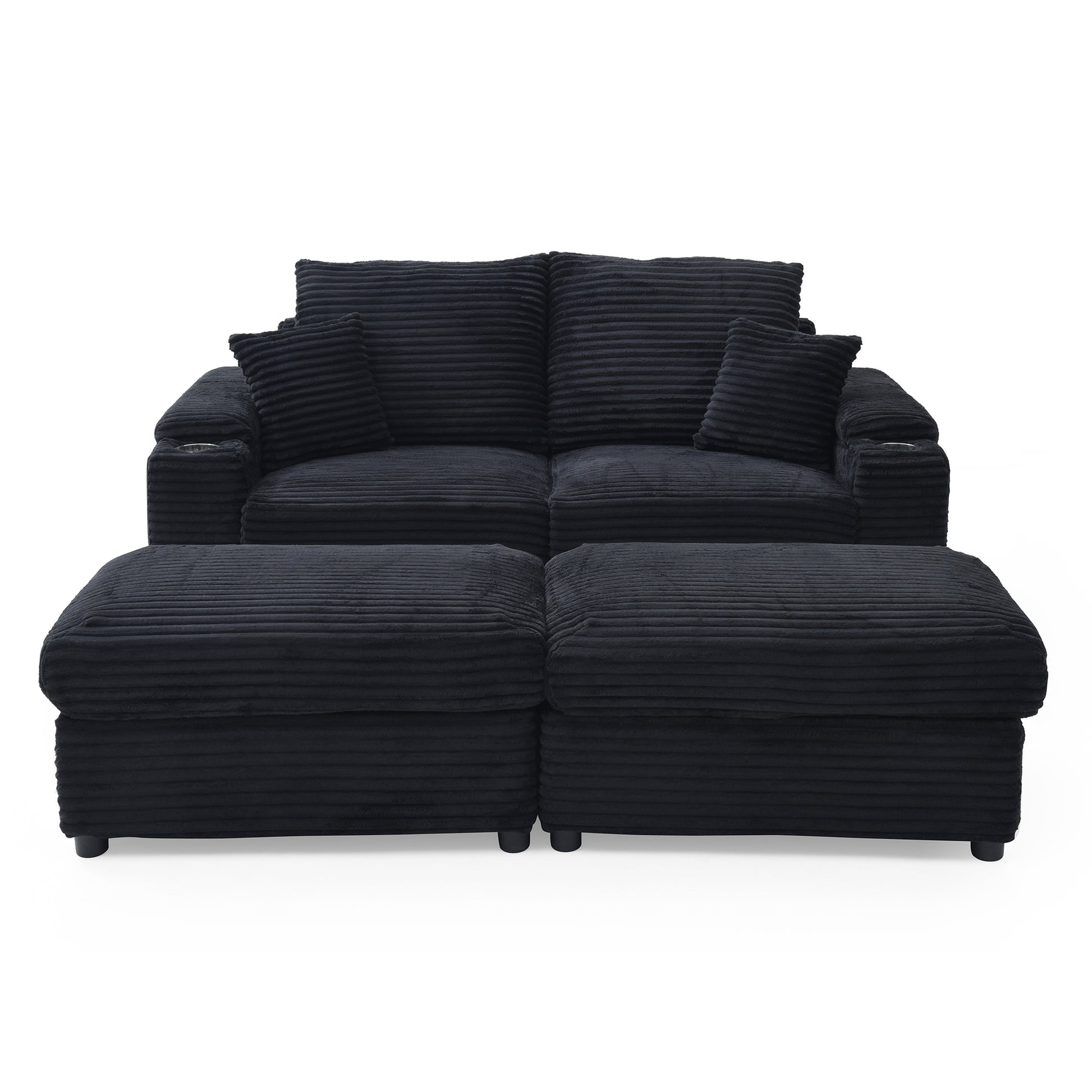 Loveseat With Ottomans,Corduroy Fabric Modular Sectional Sofa,Comfy Deep Plush Couch With Ottomans And Two Pillows,For Small Spaces, Living Room,Bedroom, Office, 5 Colors,Black Black Wood Primary