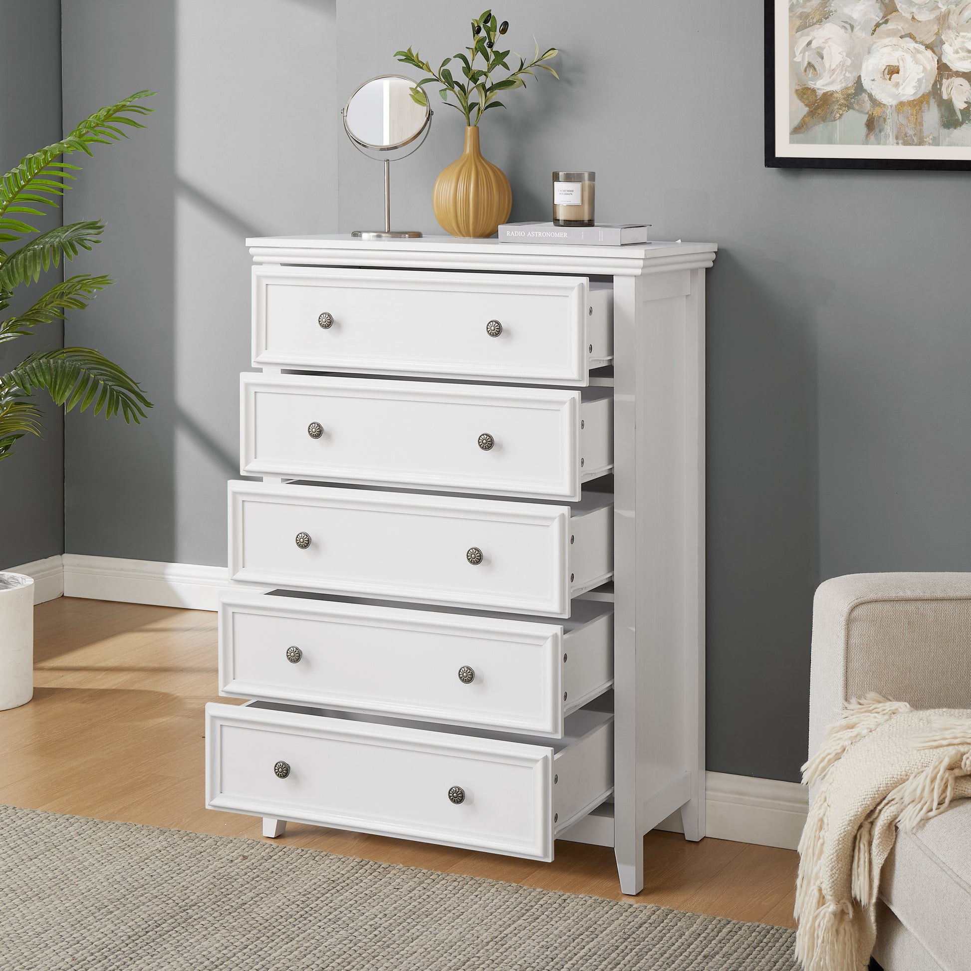 Modern 5 Drawers Dresser 5 Drawers Cabinet,Chest Of Drawers Closet Organizers And Storage Clothes Storage Drawers Cabinet For Living Room, Farmhouse Dresser Organizer White White Mdf