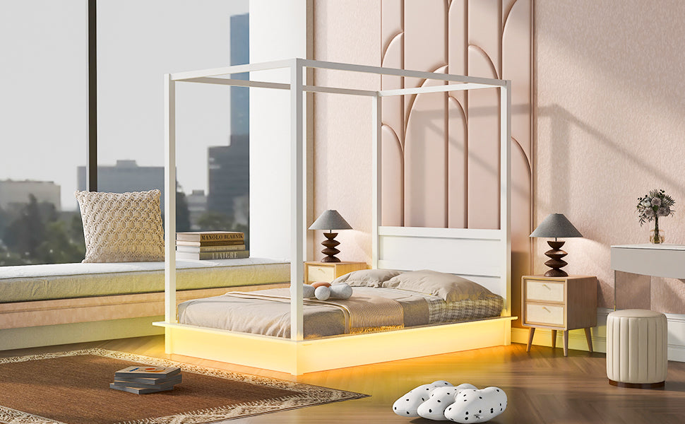 Full Size Wood Led Canopy Bed ,Canopy Platform Bed With Support Slats, No Box Spring Needed, White Full White Plywood